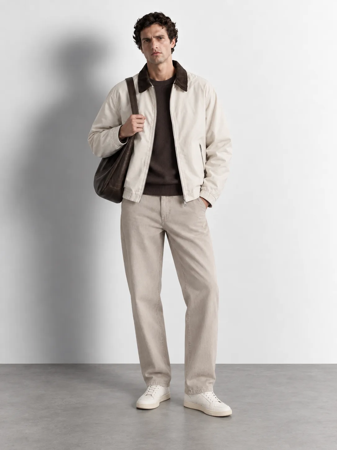 Contrast Corduroy Collar Harrington Jacket — worn, front