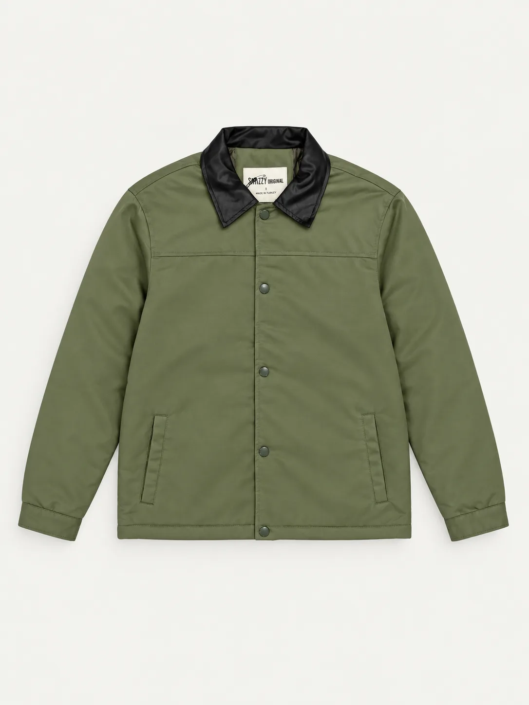 Contrast Faux Leather Collar Coach Jacket — front view