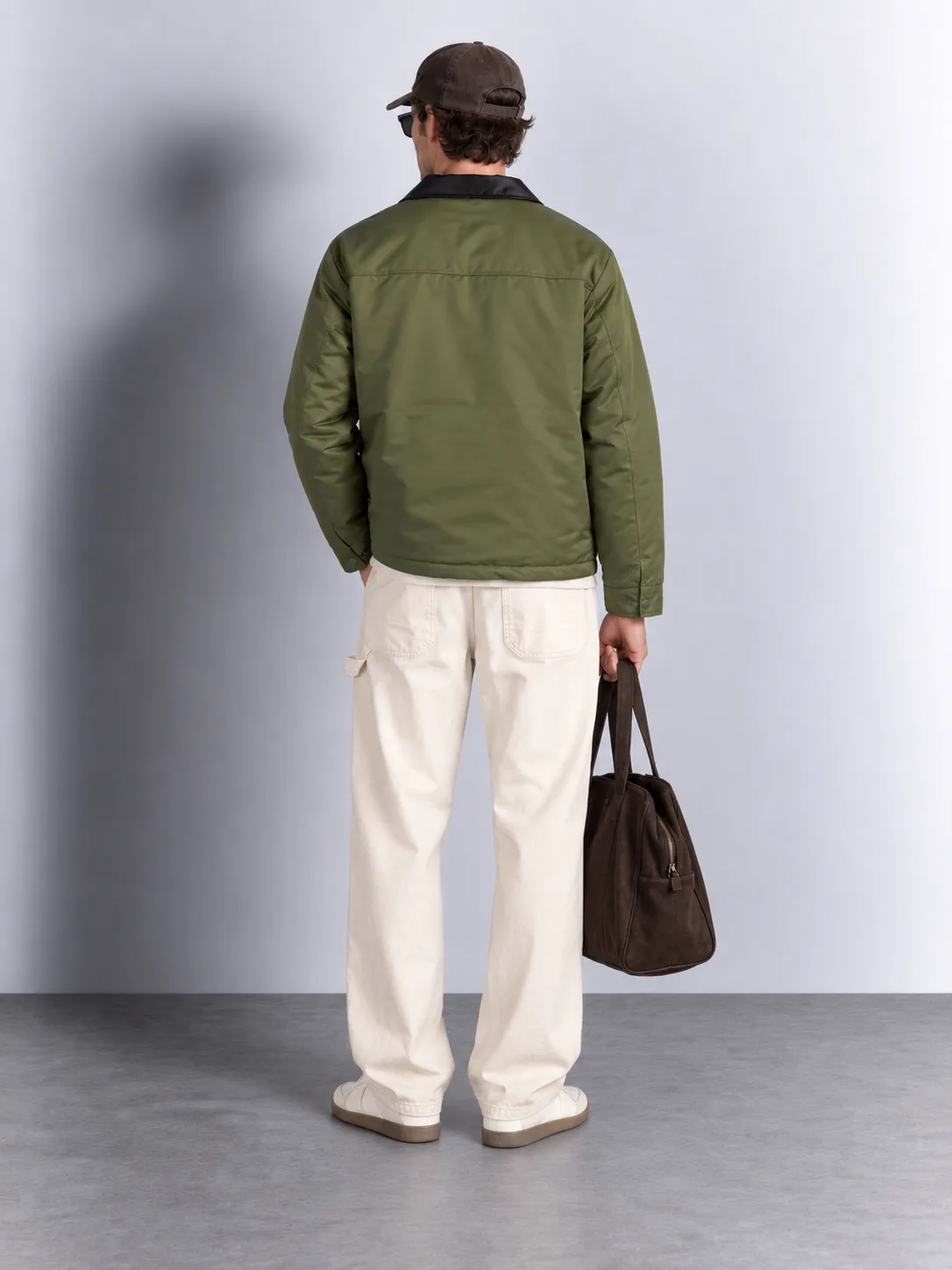 Contrast Faux Leather Collar Coach Jacket — worn, back