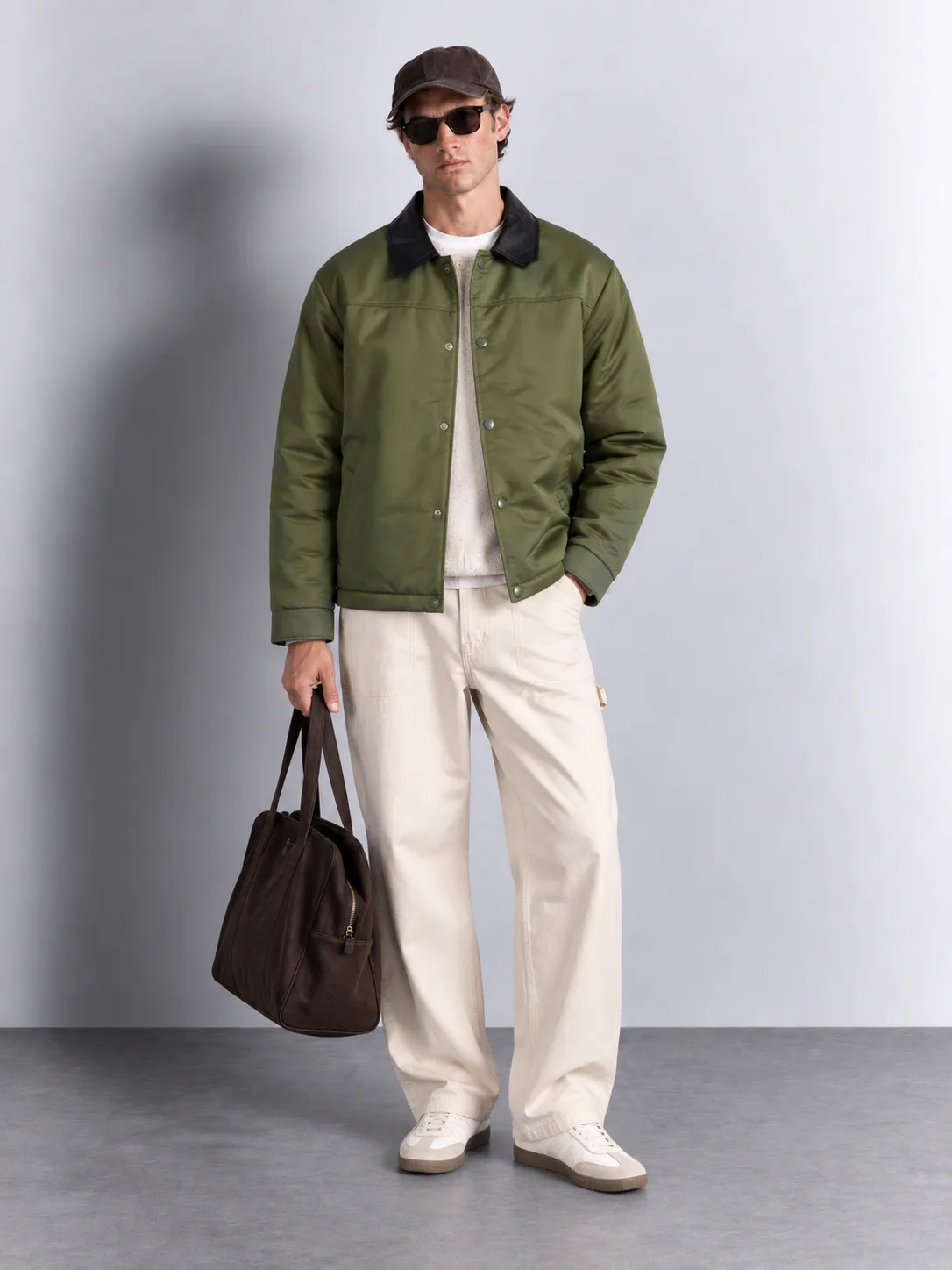 Contrast Faux Leather Collar Coach Jacket — worn, front