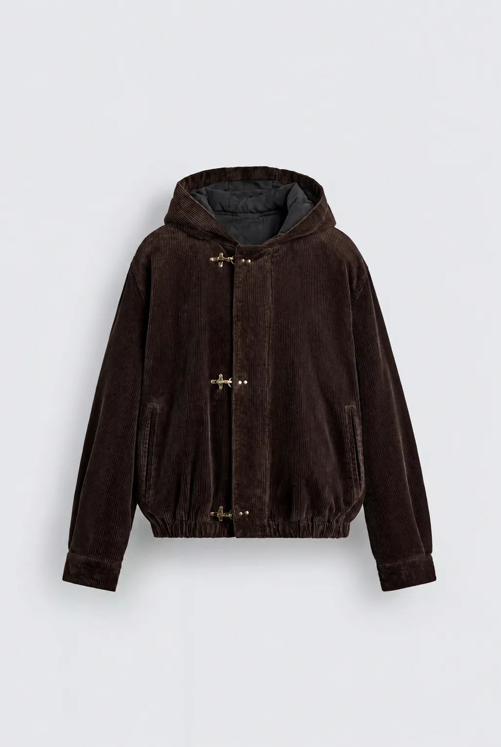 Corduroy Jacket with Hood and Fireman Clasps — front view