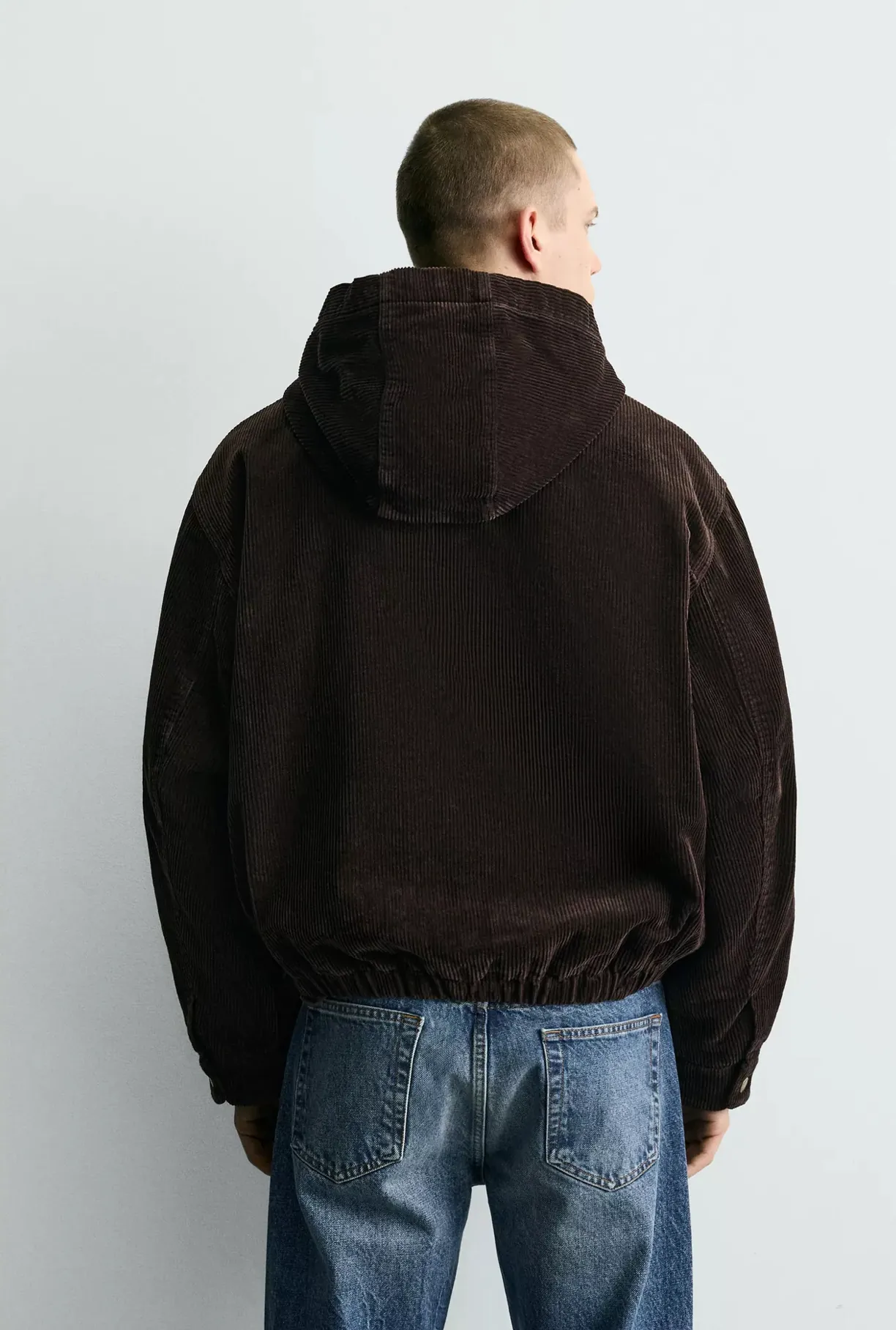 Corduroy Jacket with Hood and Fireman Clasps — worn, back