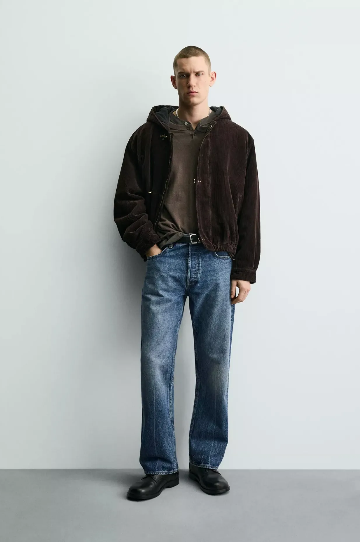 Corduroy Jacket with Hood and Fireman Clasps — worn, front
