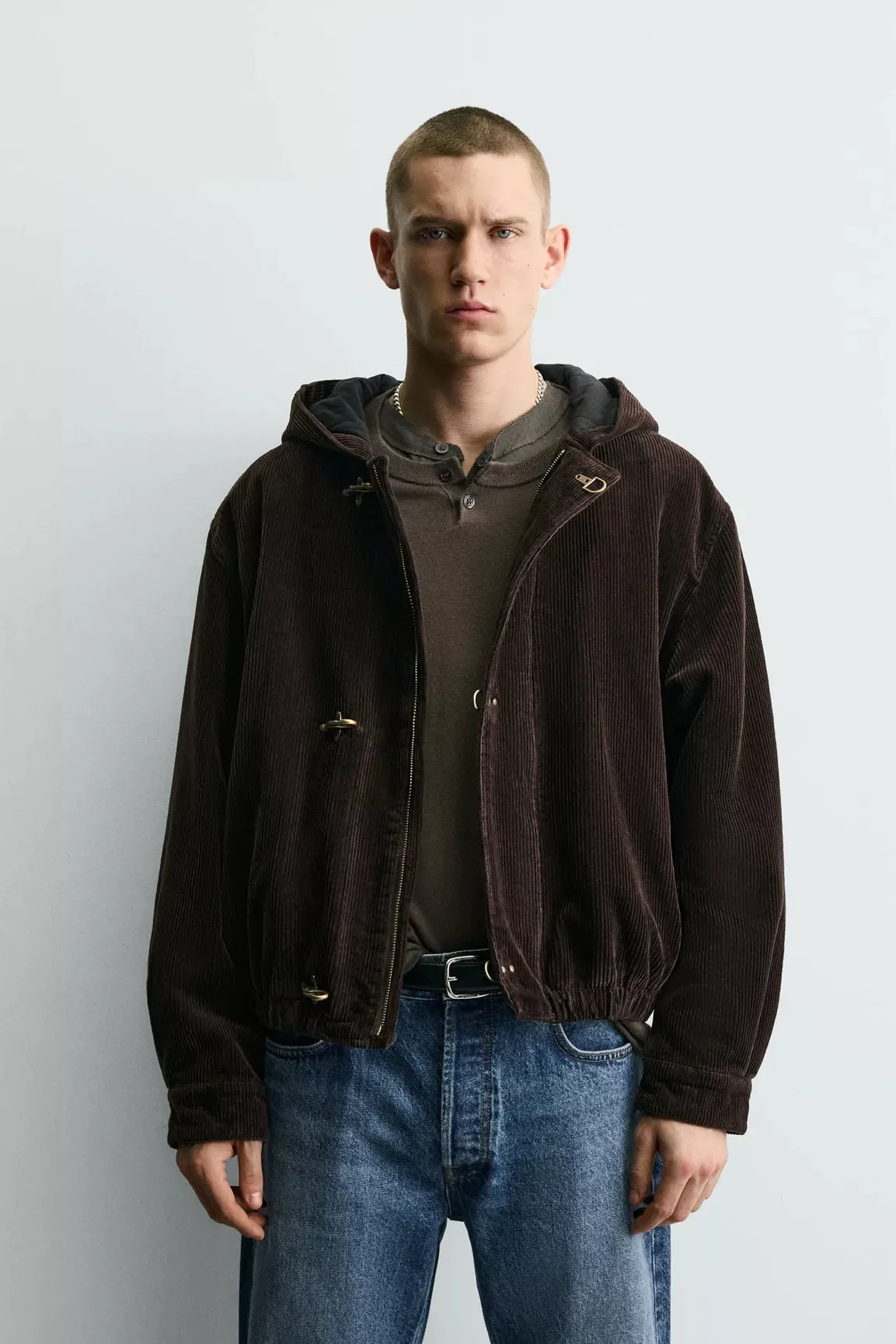 Corduroy Jacket with Hood and Fireman Clasps — worn, close-up