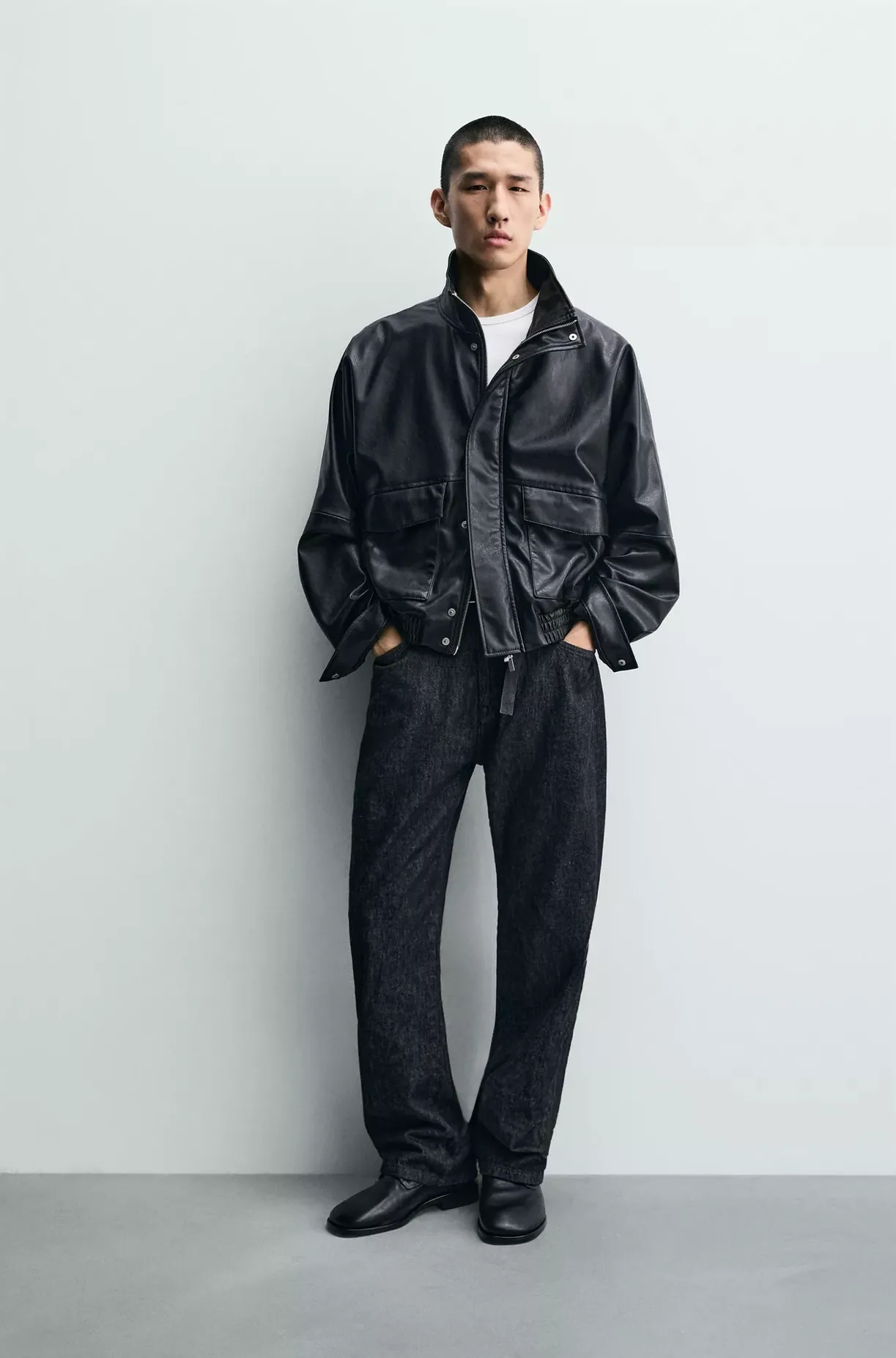 Cropped Faux Leather Jacket — worn, front