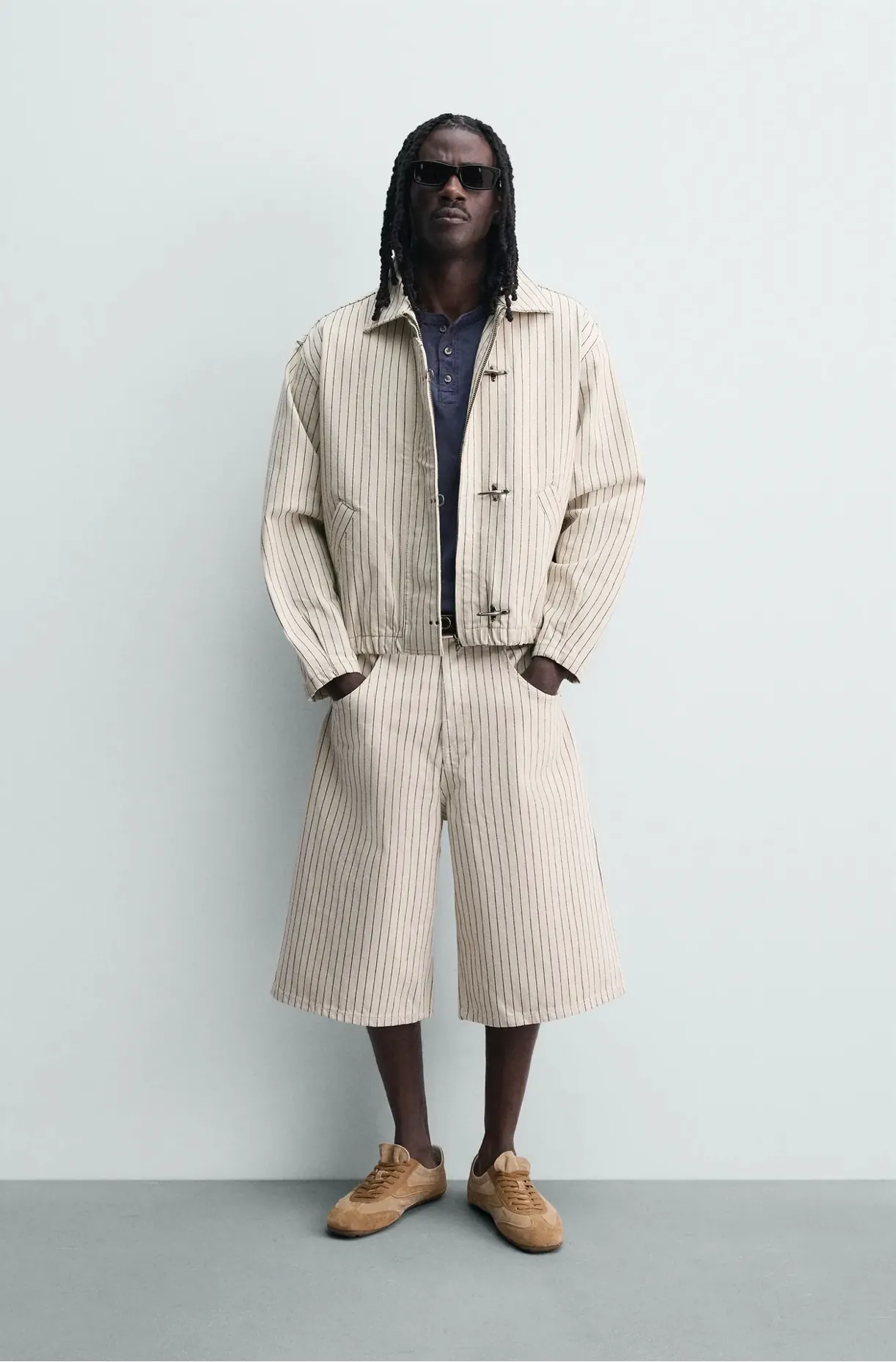 Cropped Fit Striped Fireman Clasps Jacket — worn, front