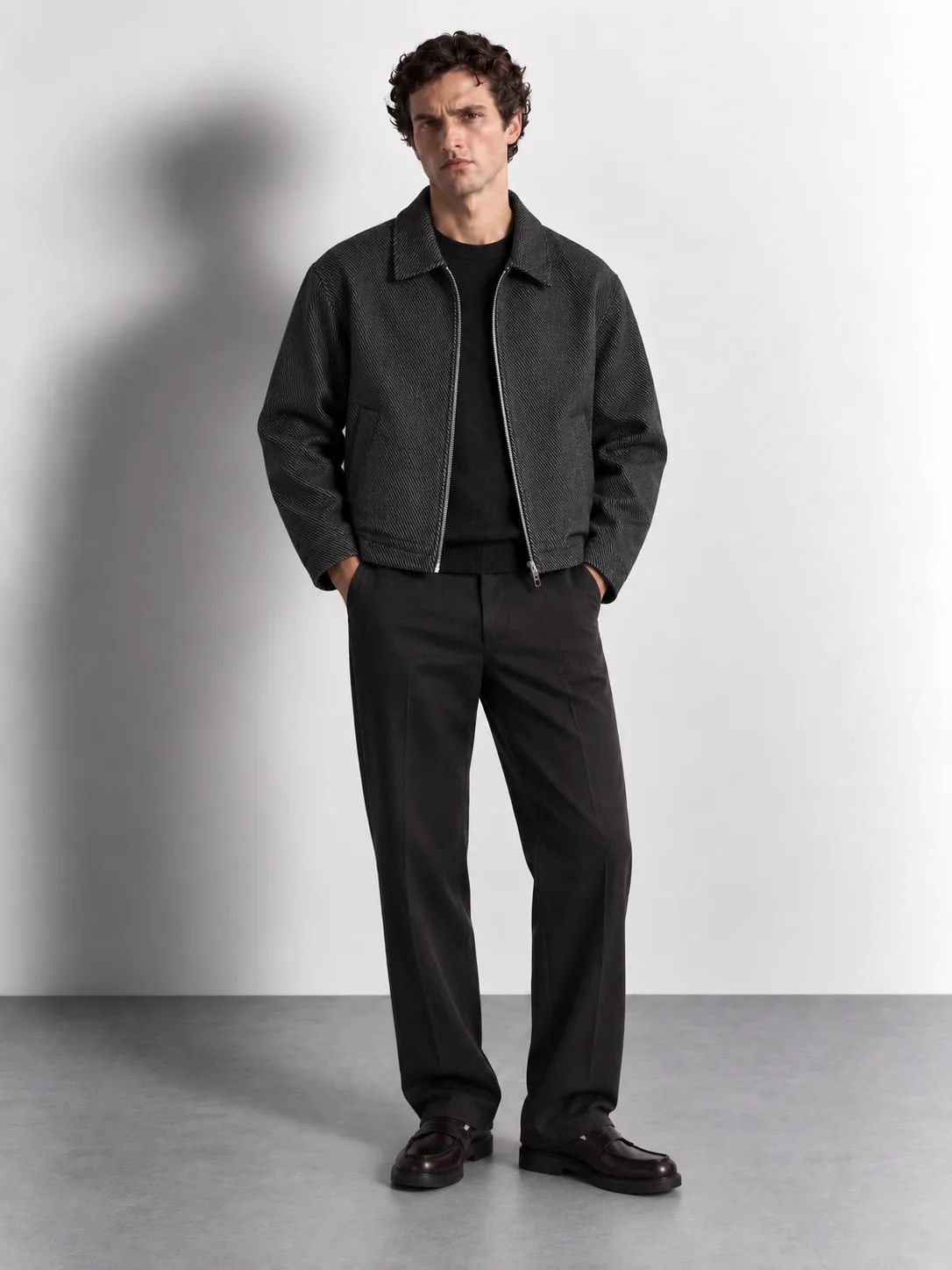 Diagonal Twill Zip Jacket — worn, front