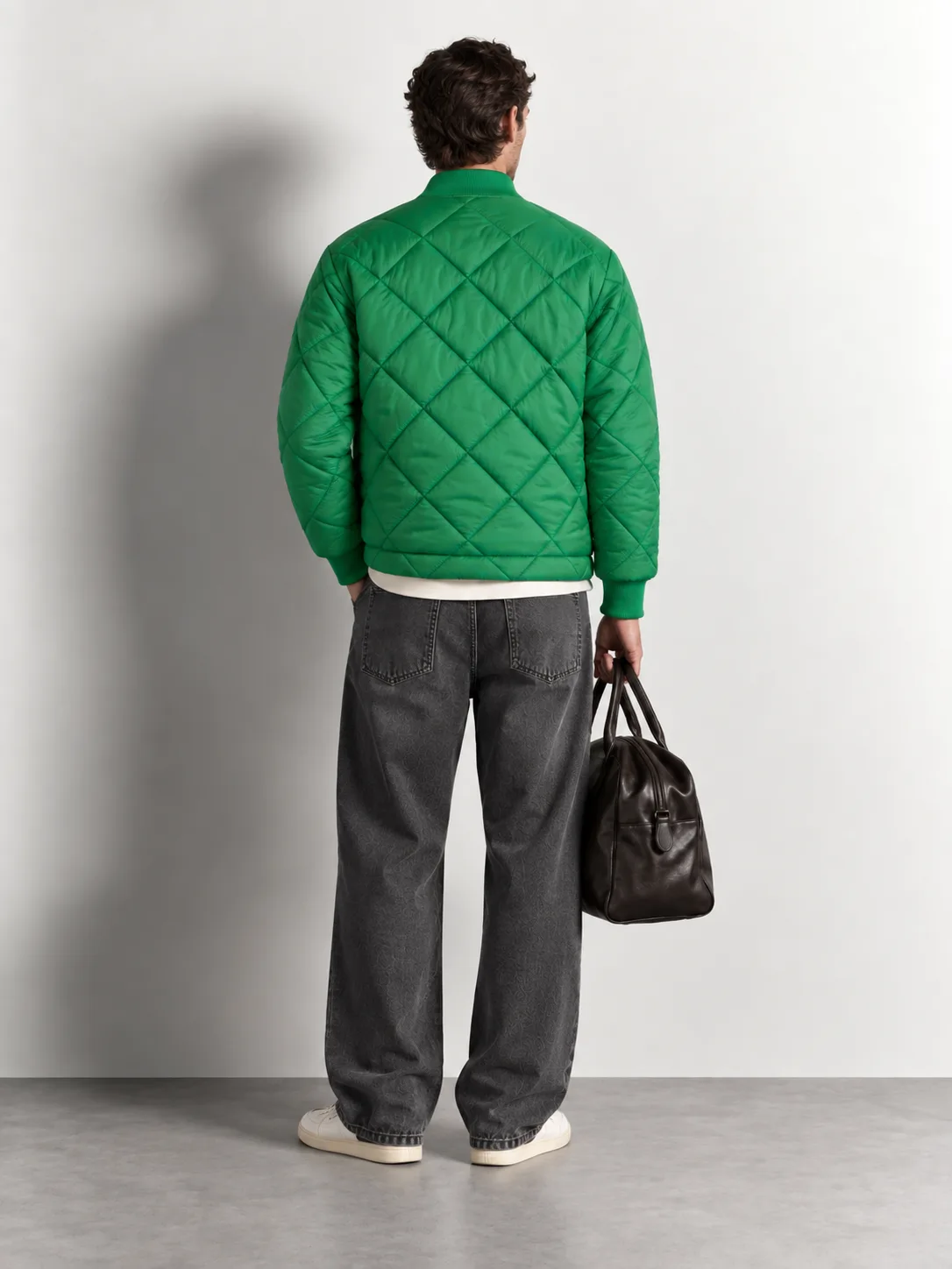 Diamond Quilted Bomber Jacket — worn, back