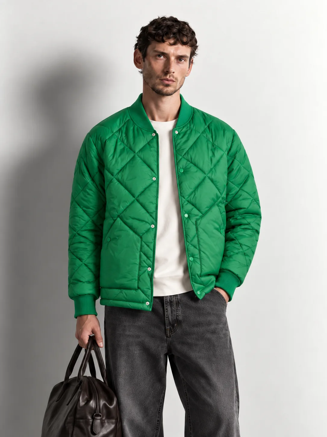 Diamond Quilted Bomber Jacket — worn, front