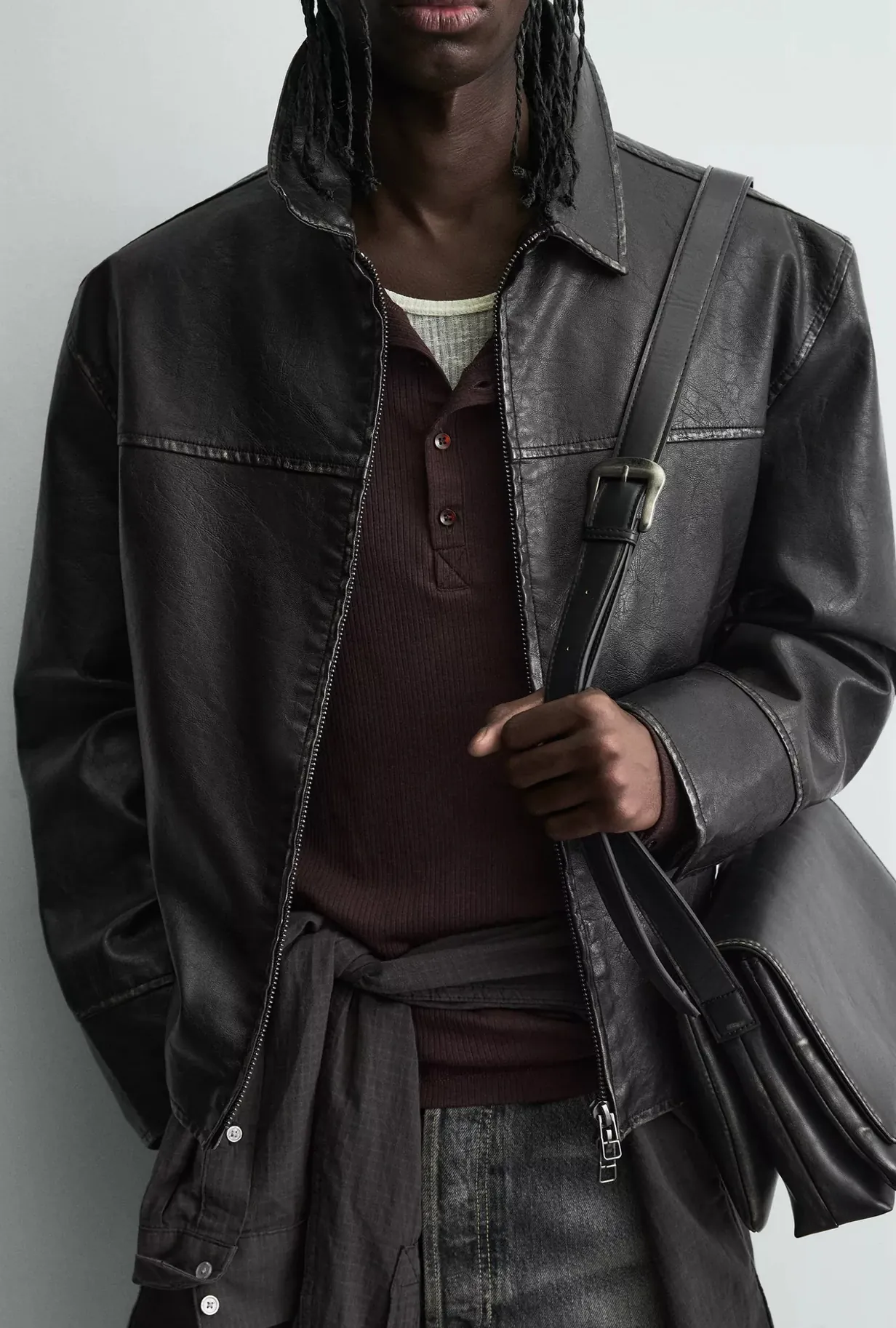 Distressed Leather Zip-up Jacket — detail