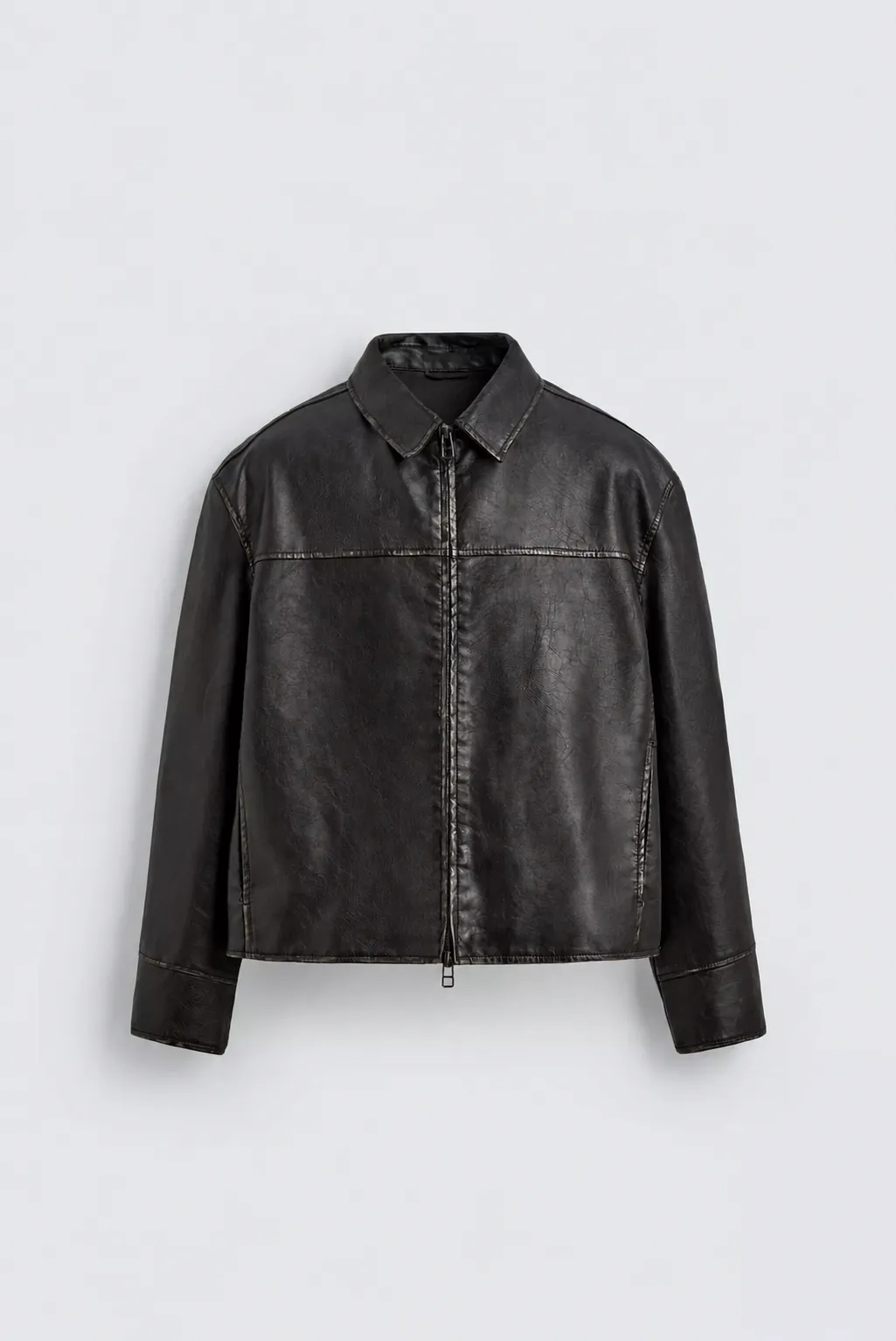 Distressed Leather Zip-up Jacket — front view