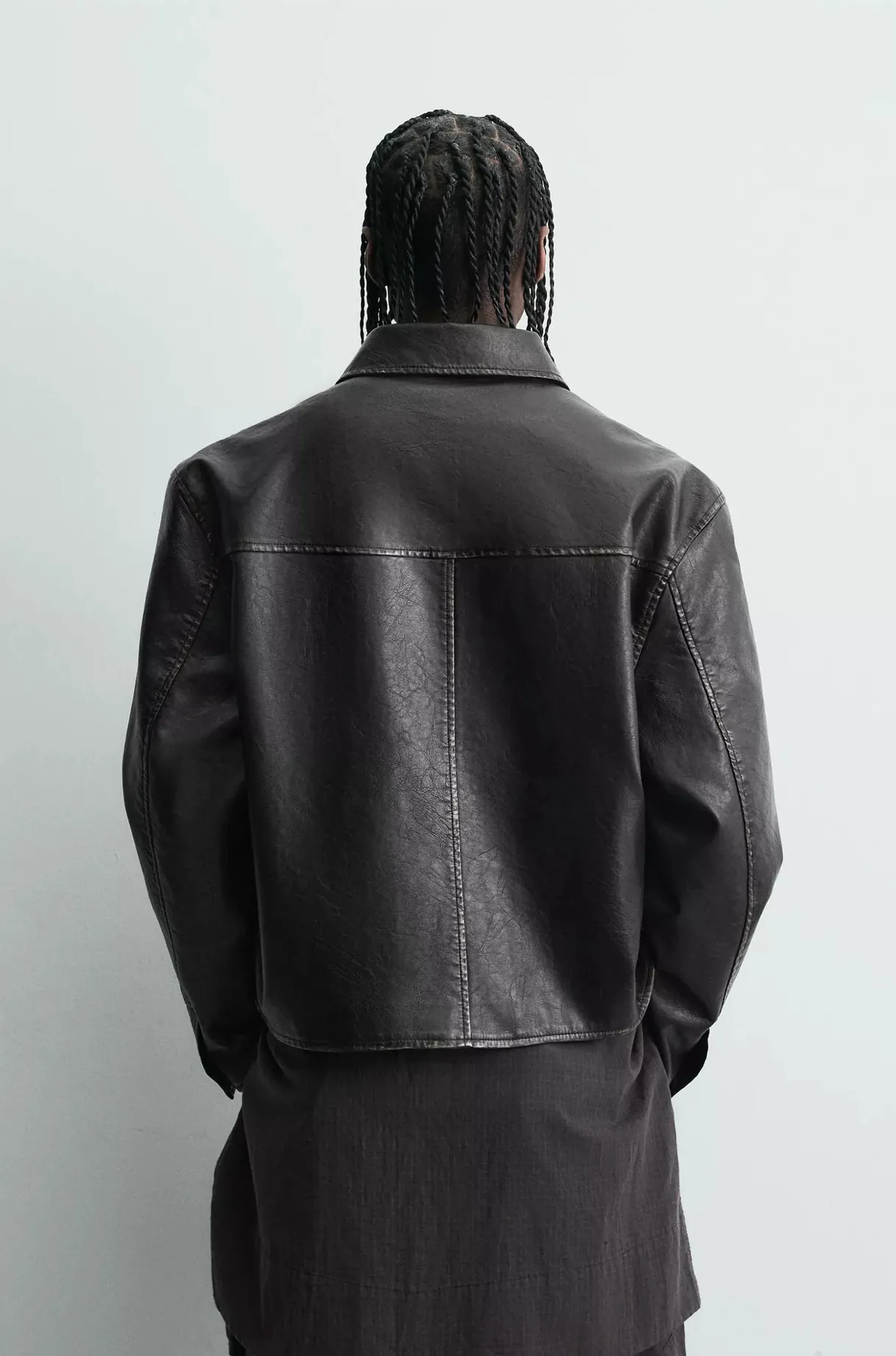 Distressed Leather Zip-up Jacket — worn, back