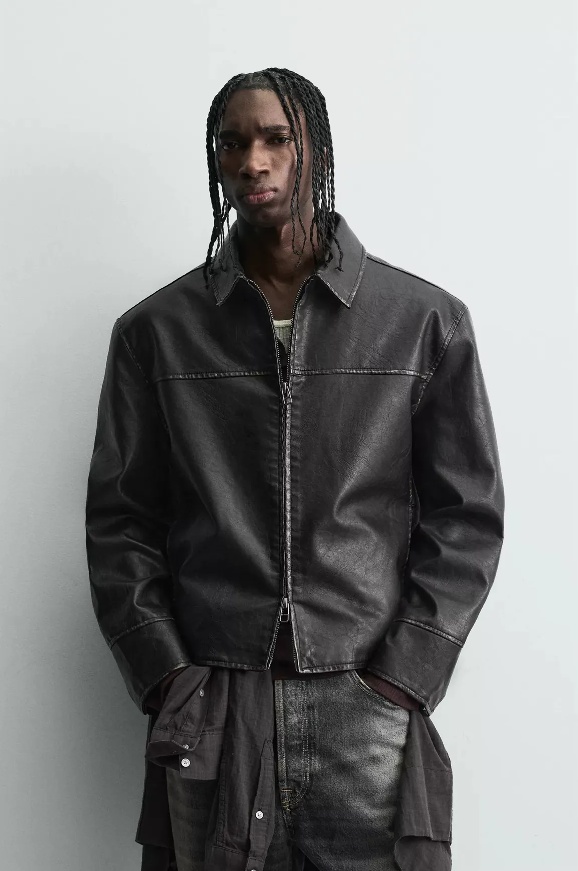 Distressed Leather Zip-up Jacket — worn, front