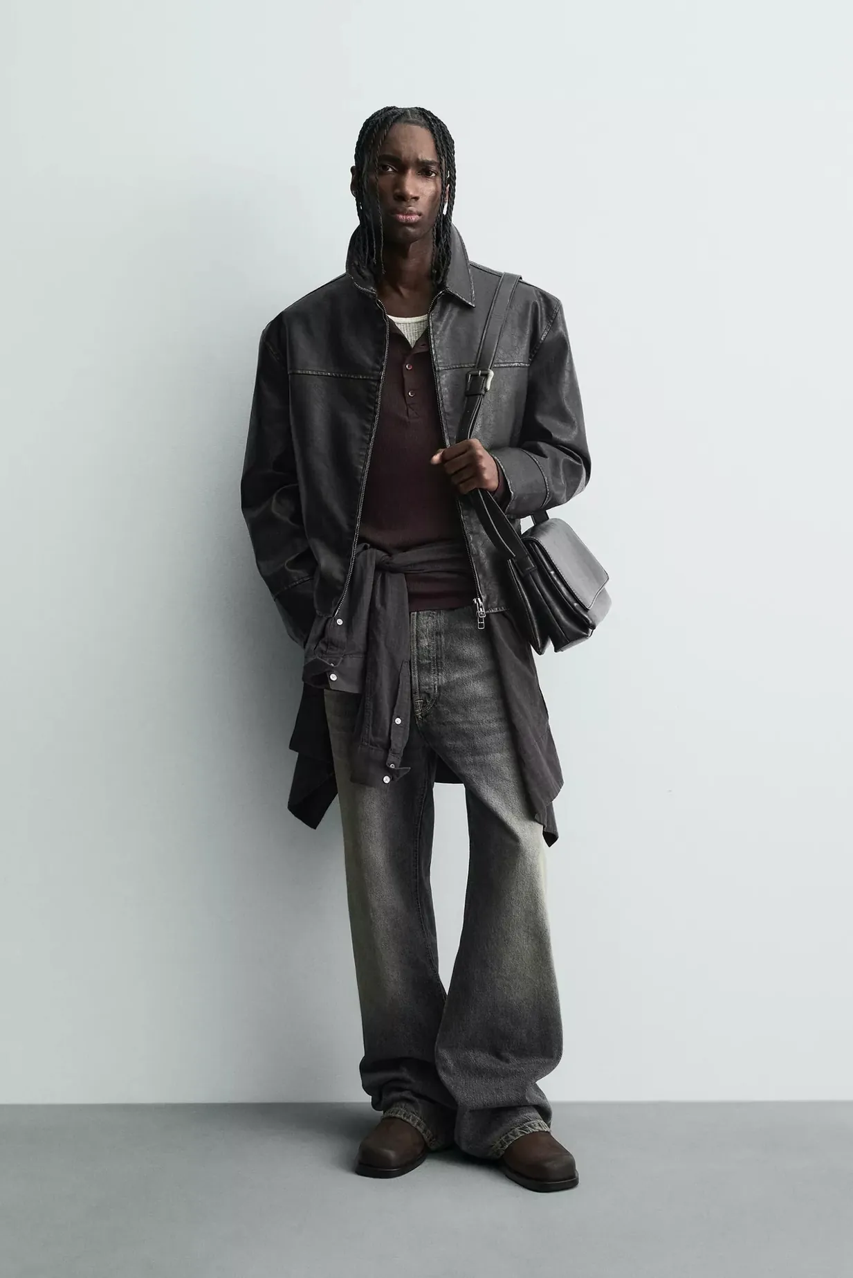 Distressed Leather Zip-up Jacket — worn, front