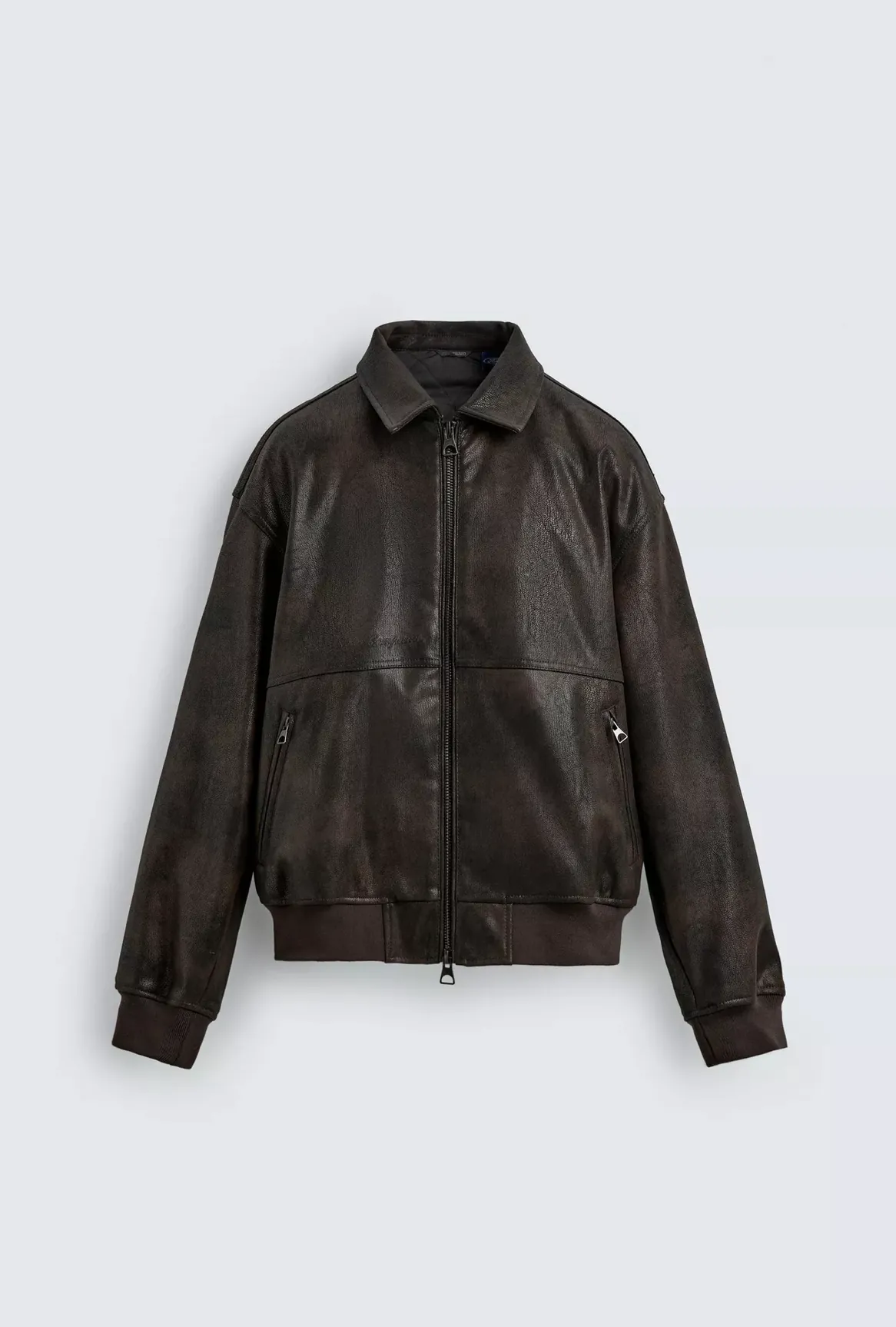 Embossed Faux Leather Bomber Jacket Ford — front view