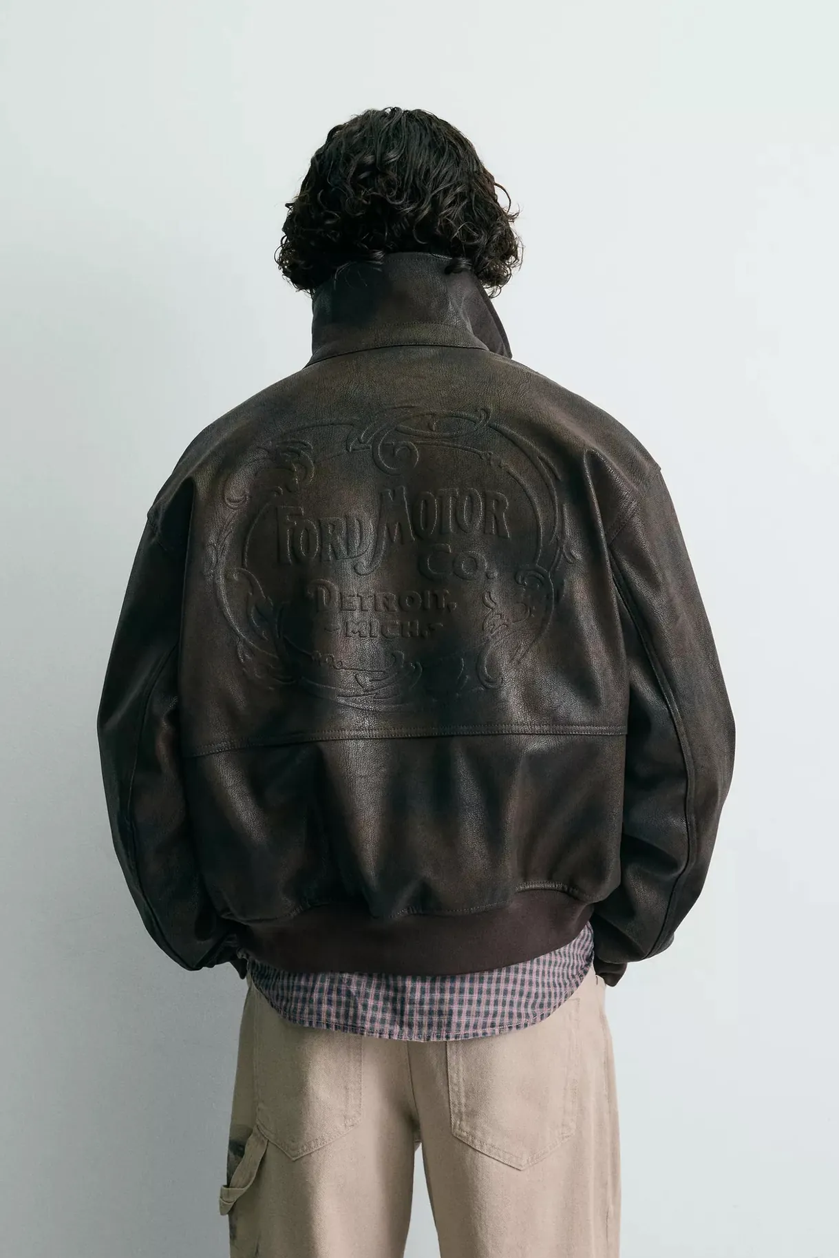 Embossed Faux Leather Bomber Jacket Ford — worn, back