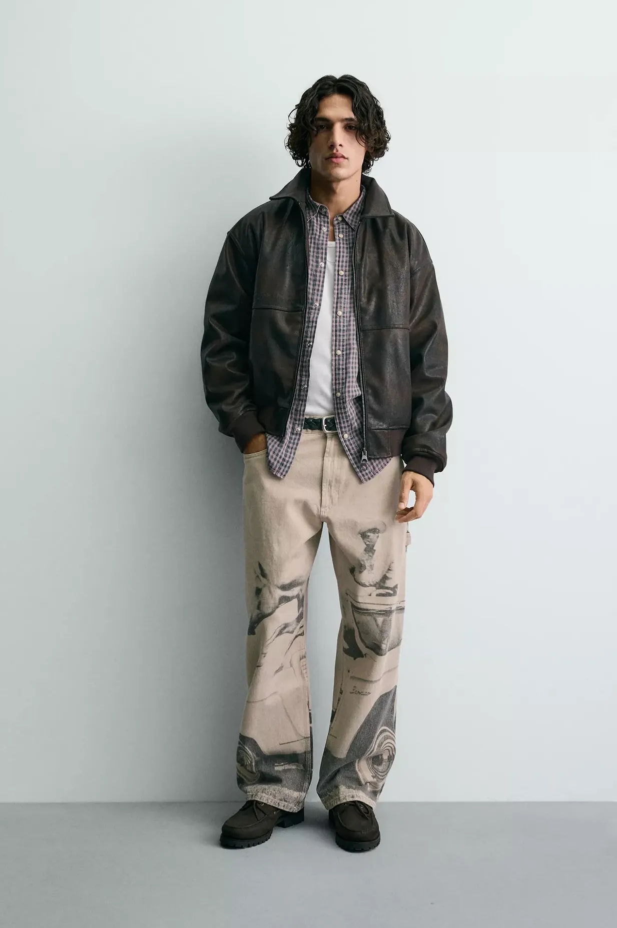 Embossed Faux Leather Bomber Jacket Ford — worn, front