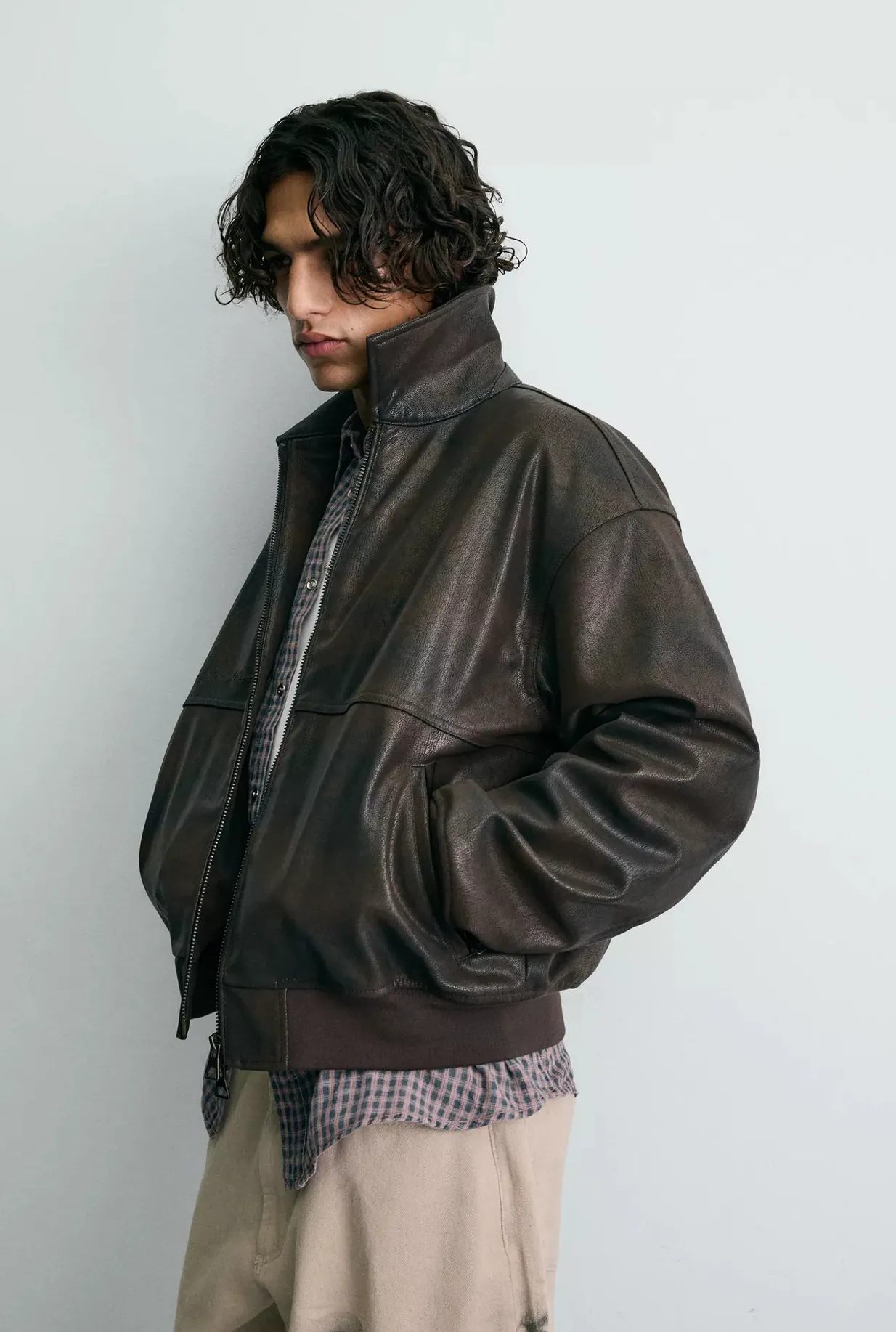 Embossed Faux Leather Bomber Jacket Ford — worn, close-up