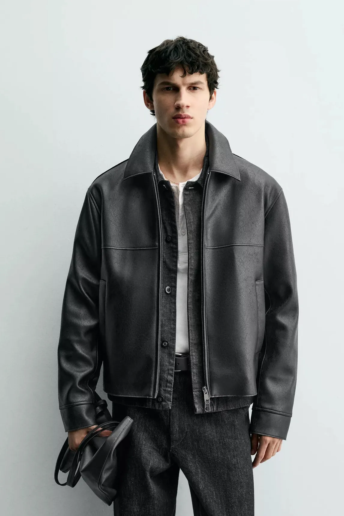 Faux Leather Zip-up Jacket — worn, front