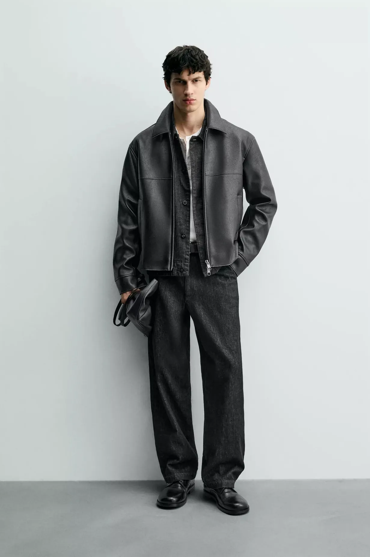 Faux Leather Zip-up Jacket — worn, front