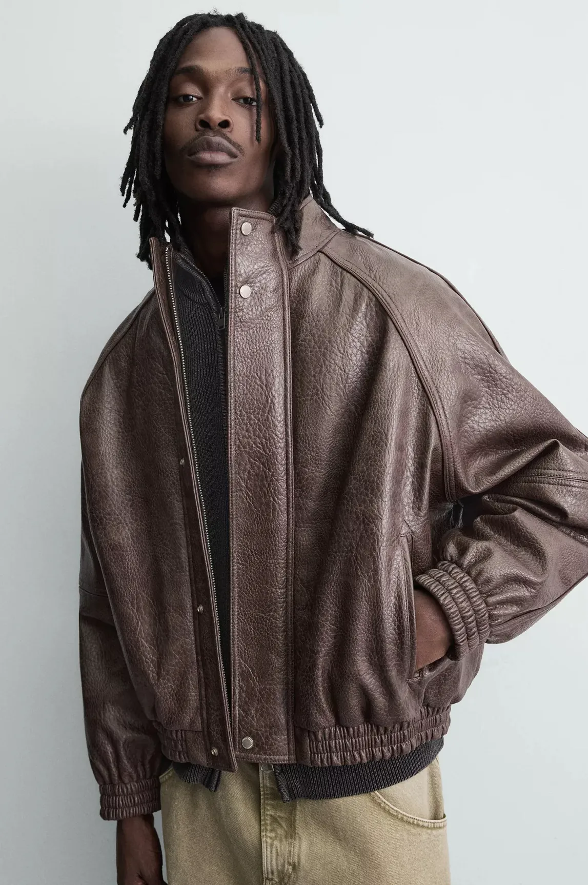 Grain Leather Bomber Jacket — detail