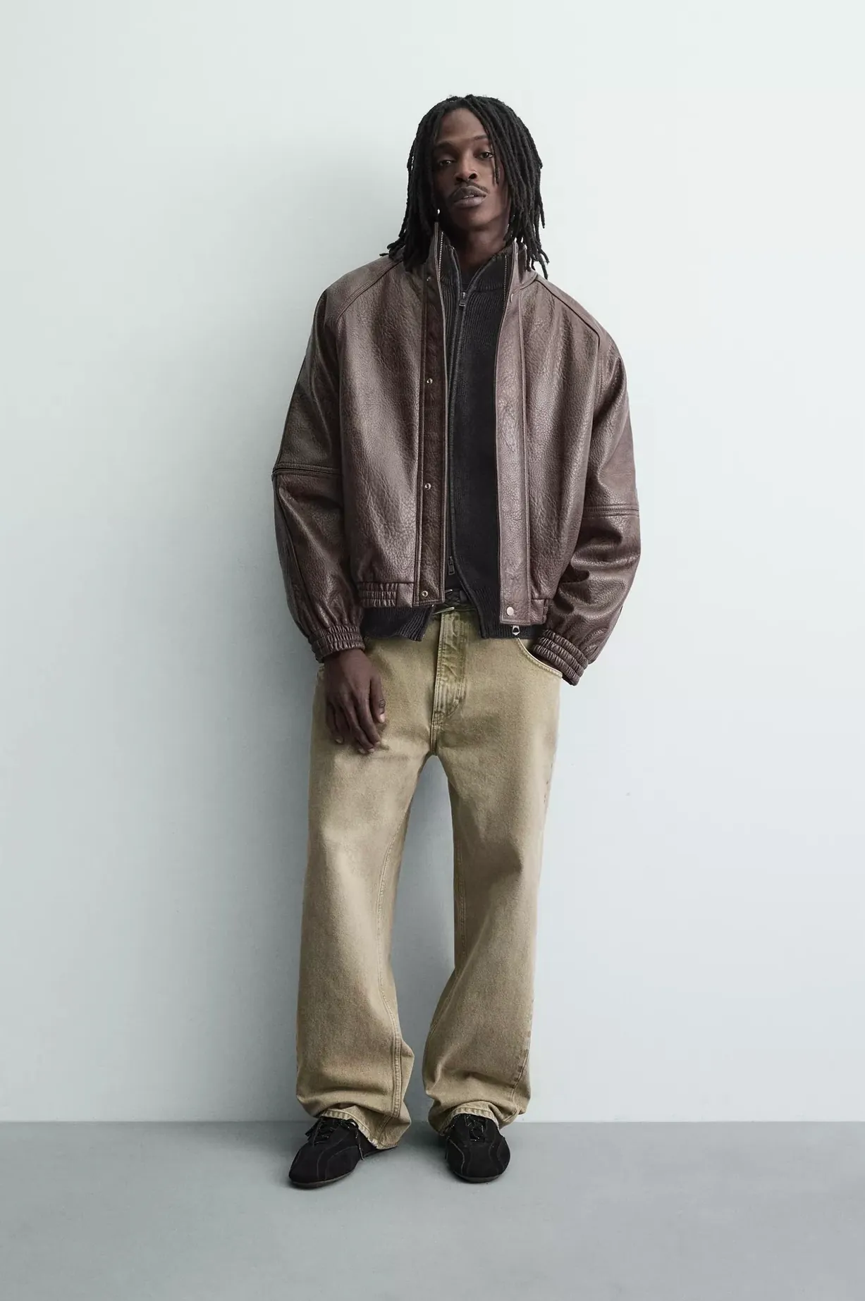 Grain Leather Bomber Jacket — worn, front