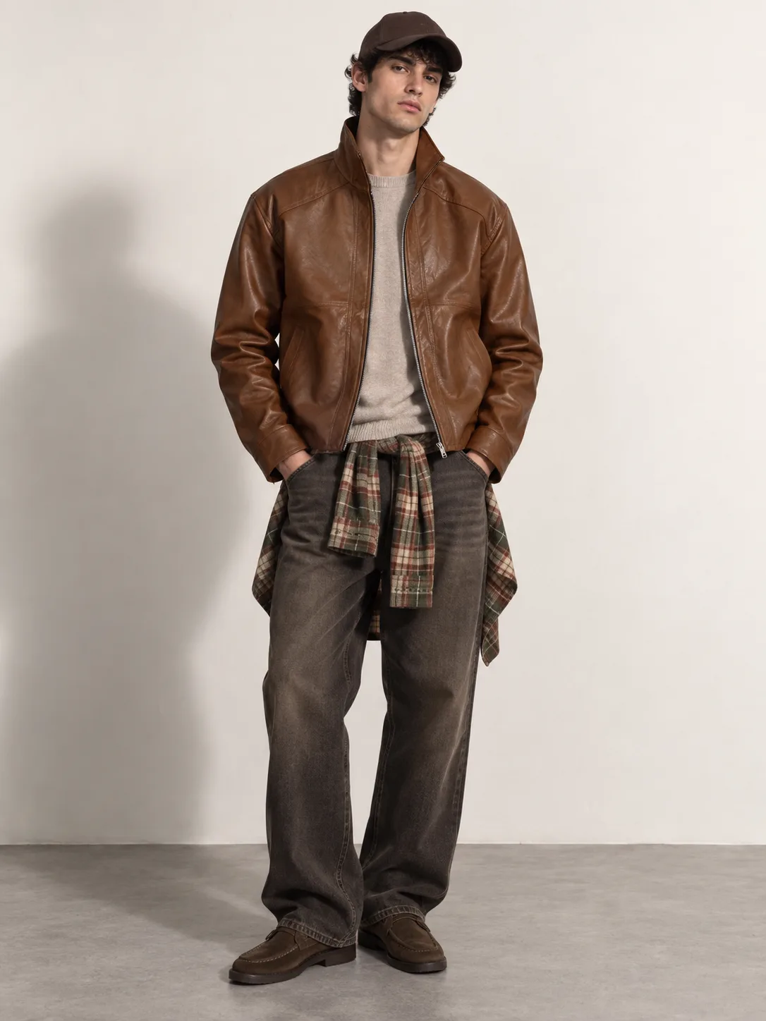 Vintage Stand Collar Leather Jacket — worn, front