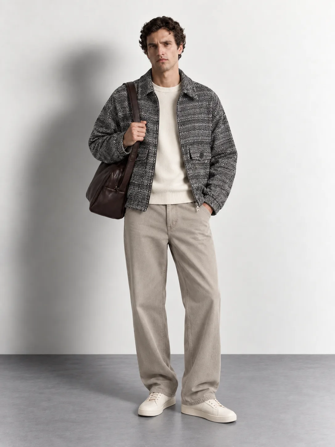 Herringbone Utility Zip Jacket — worn, front