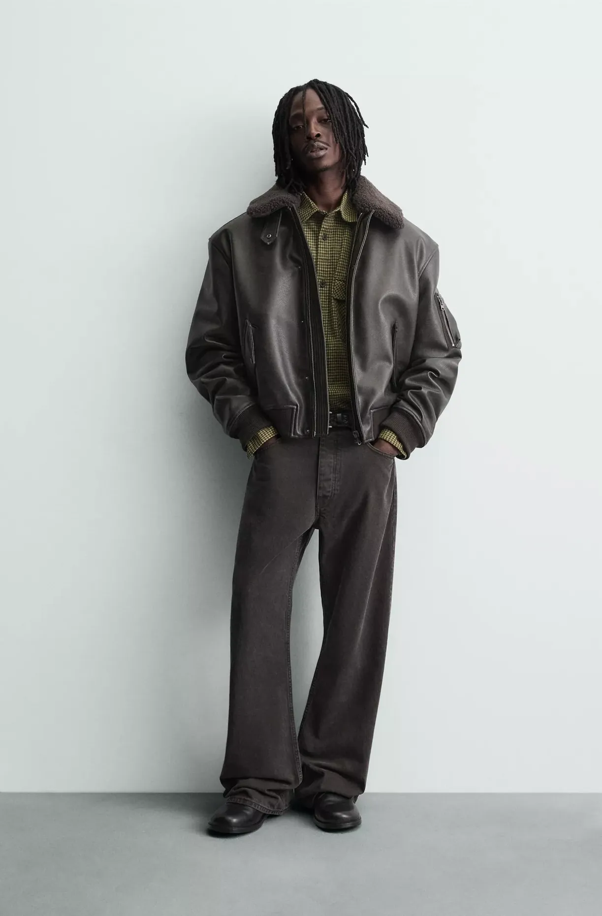 Leather Effect Jacket with Detachable Collar — worn, front