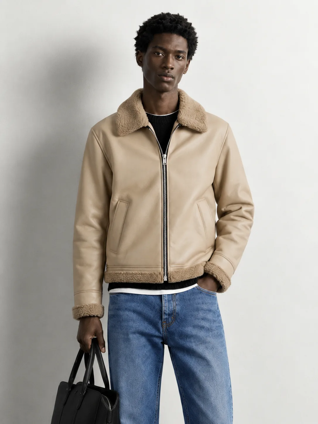 Shearling Collar Leather Jacket — worn, close-up
