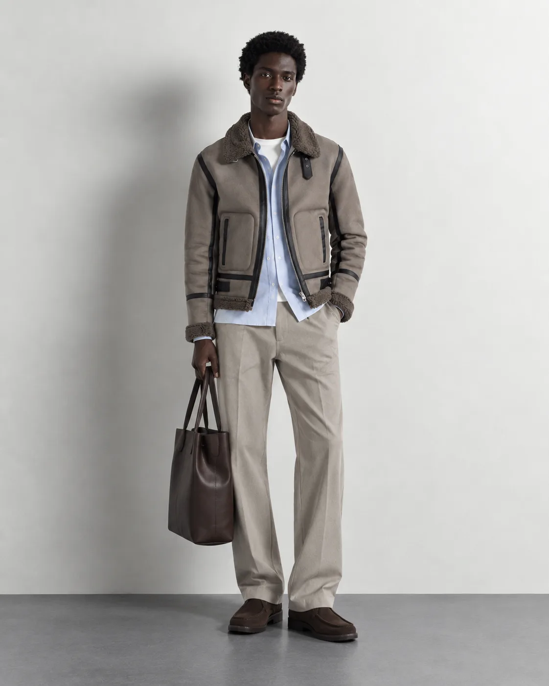 Shearling Trim Aviator Jacket — worn, front