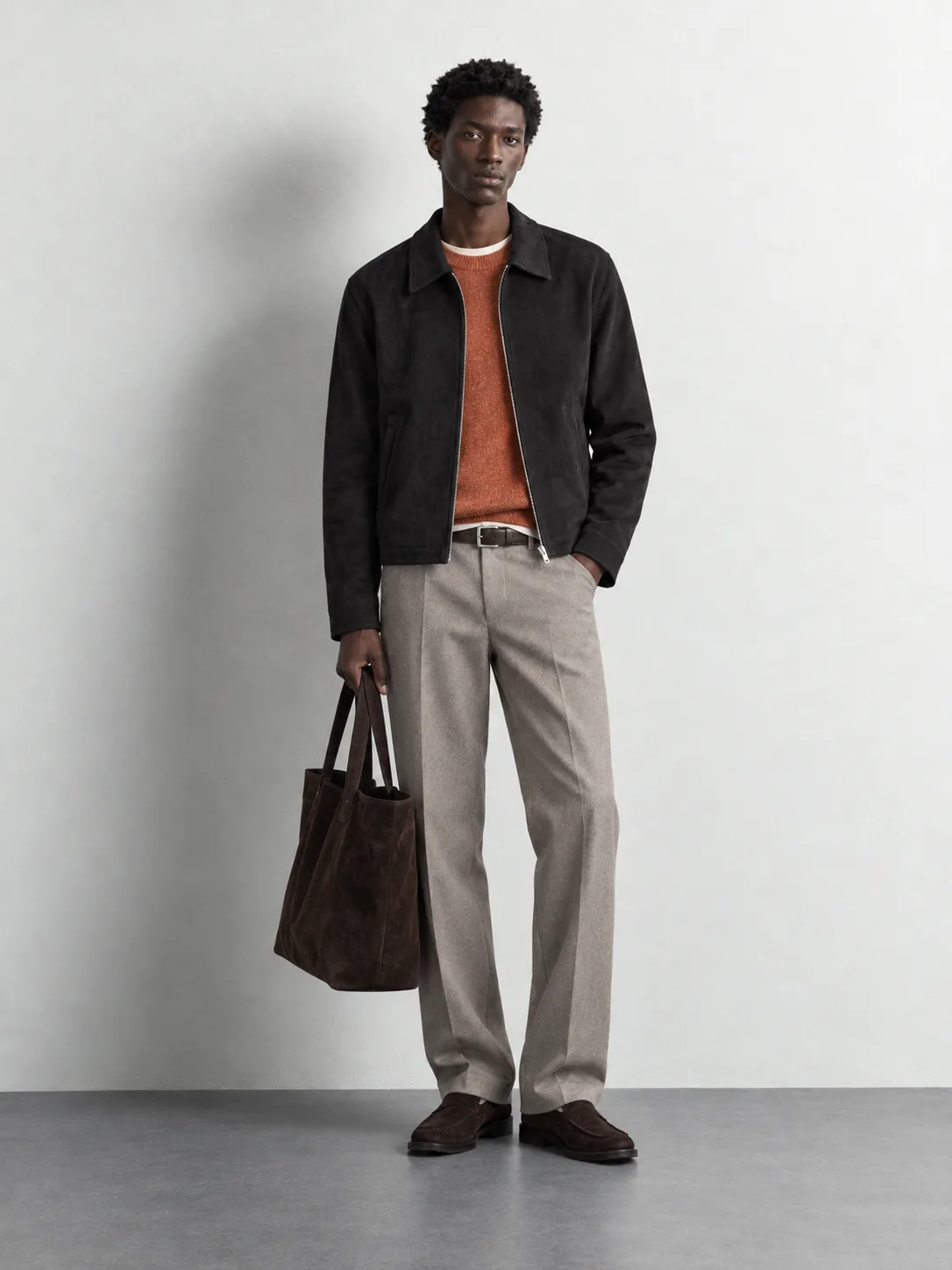 Suede-effect Zip Jacket — worn, front