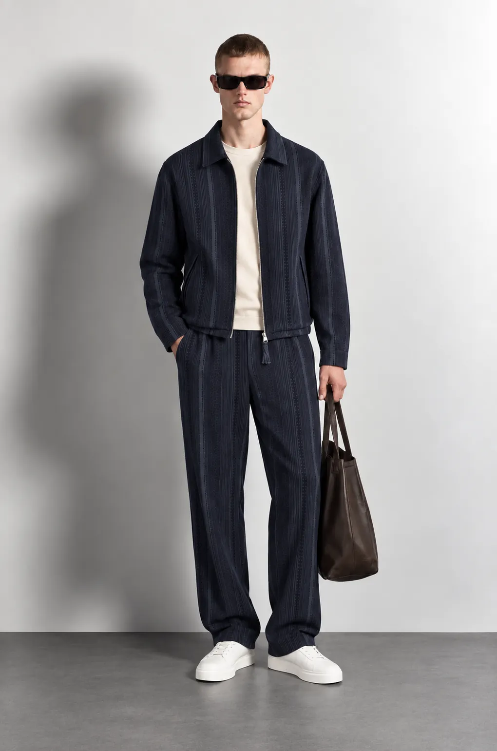 Textured Stripe Zip-up Jacket — worn, front