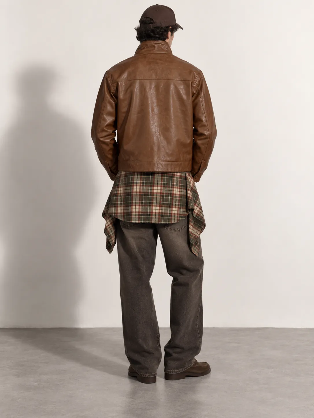 Vintage Stand Collar Leather Jacket — worn, back