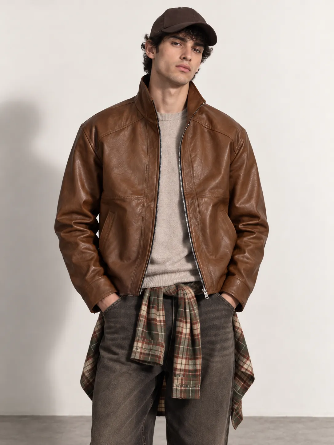Vintage Stand Collar Leather Jacket — worn, close-up