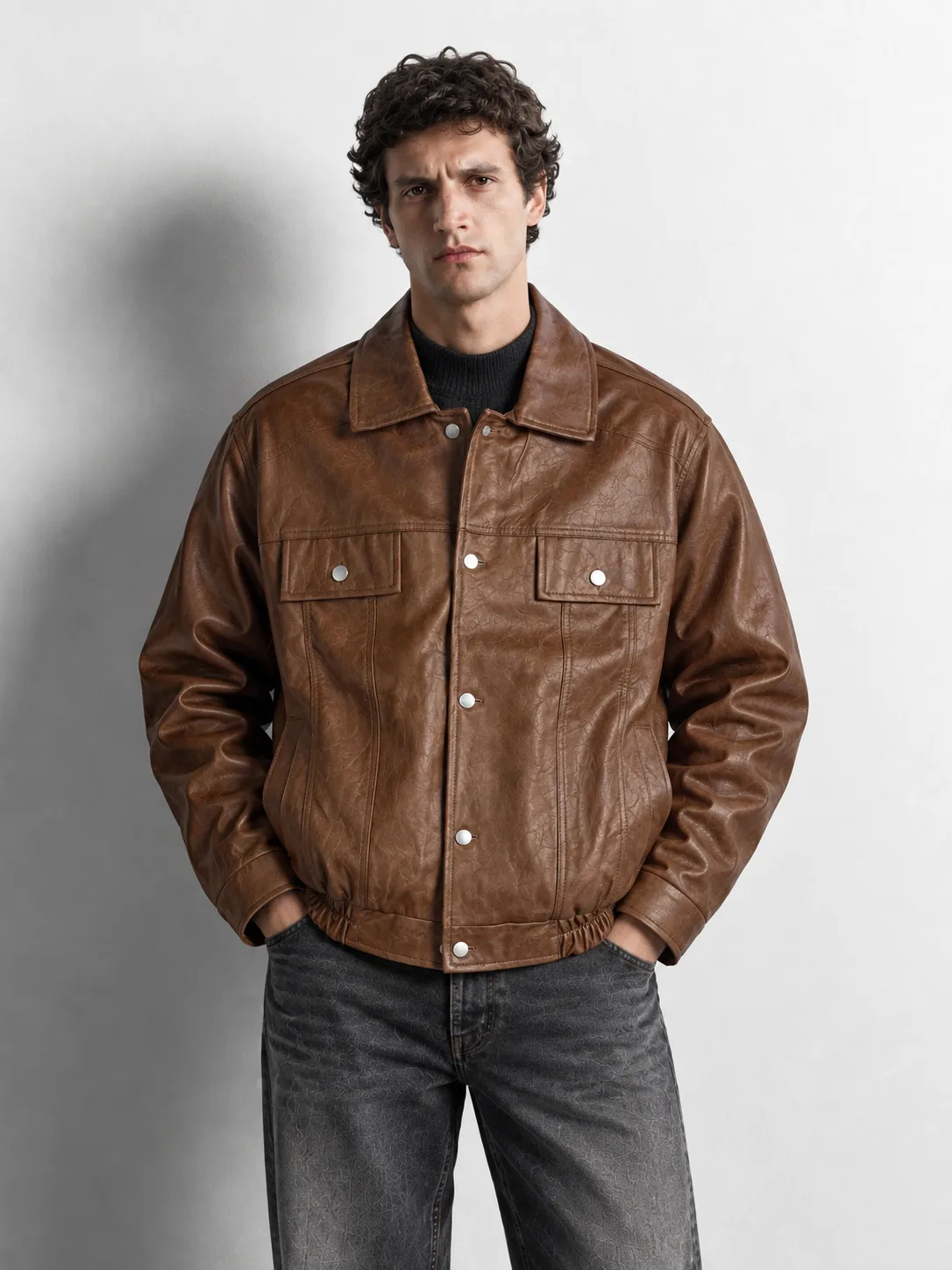 Vintage Trucker Leather Jacket — worn, close-up