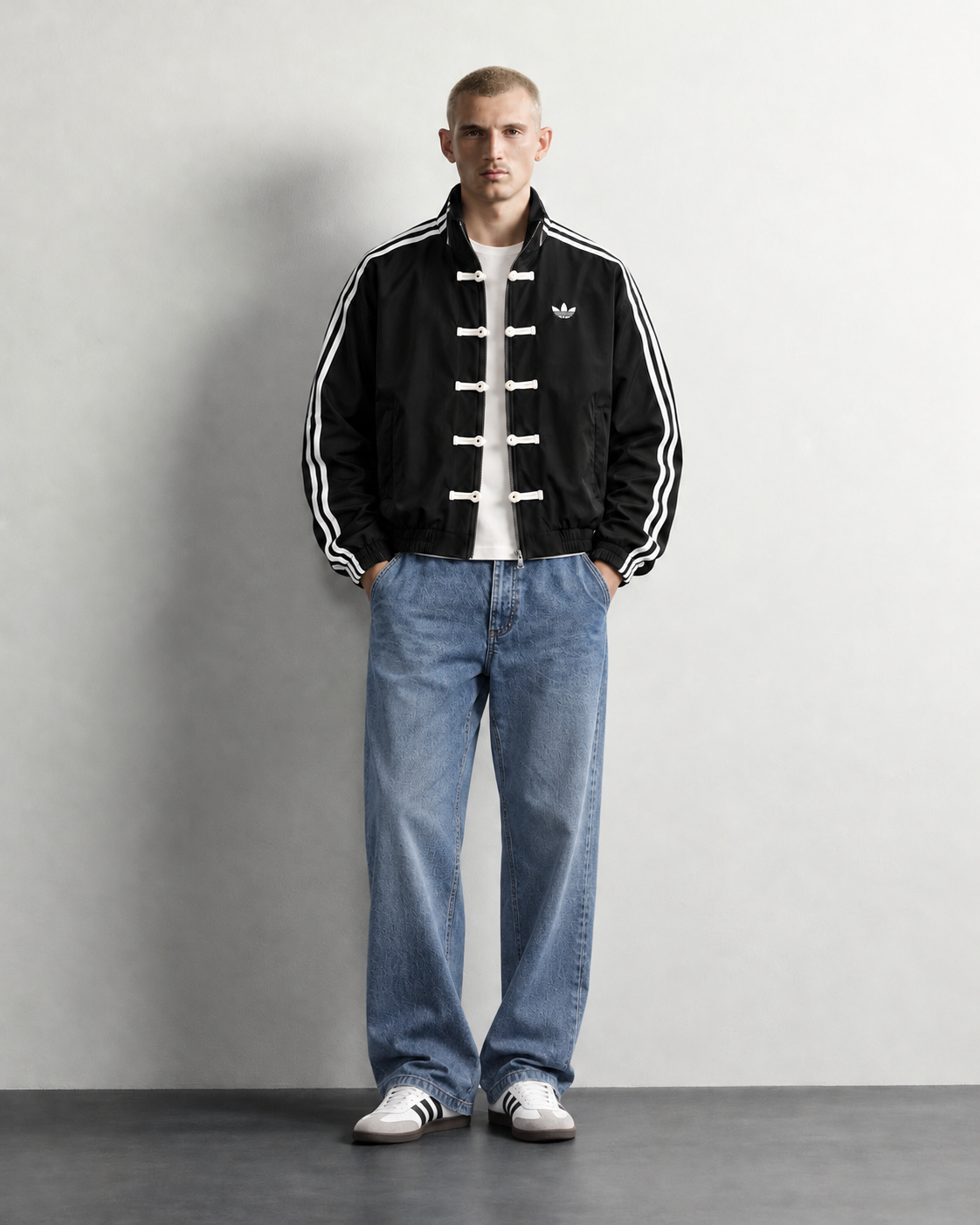 STRIPED FROG CLOSURE TRACK JACKET — worn, front