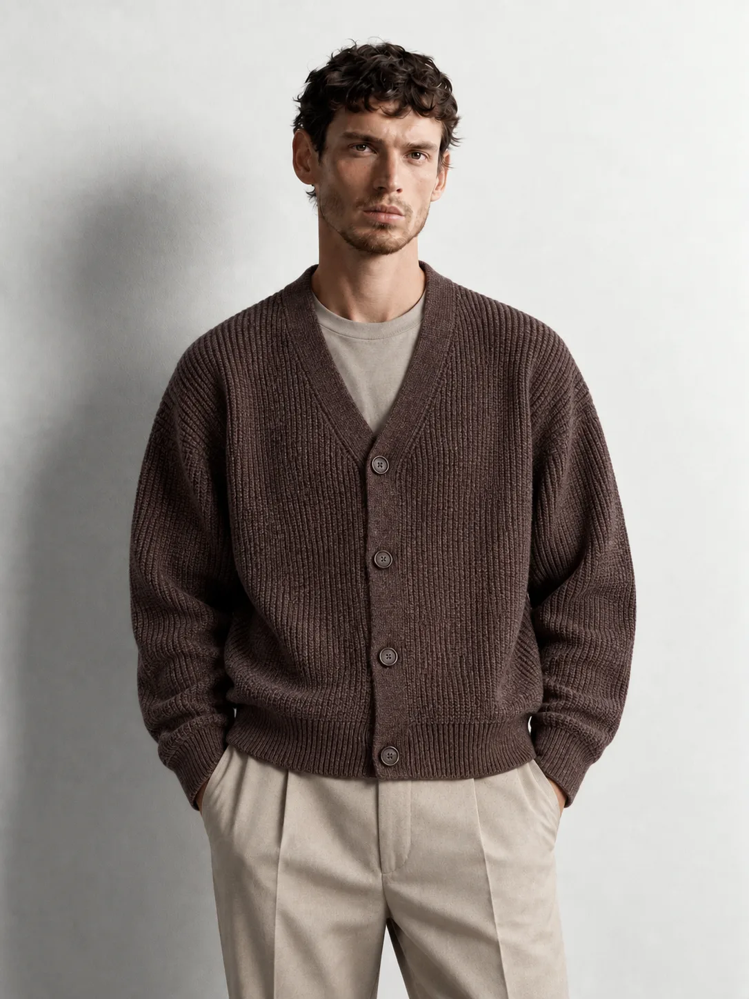 Chunky Ribbed Button Cardigan — worn, close-up