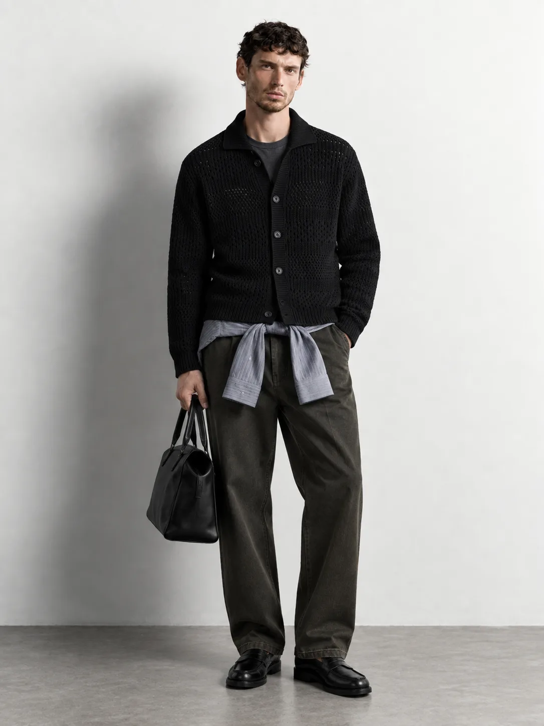 Open-knit Collar Cardigan — worn, front
