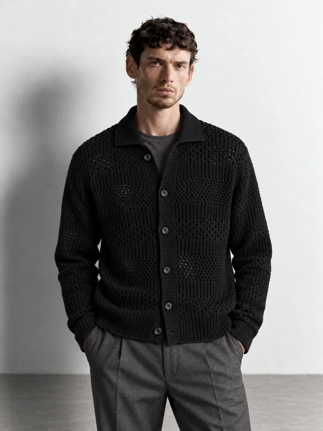 Open-knit Collar Cardigan — worn, close-up