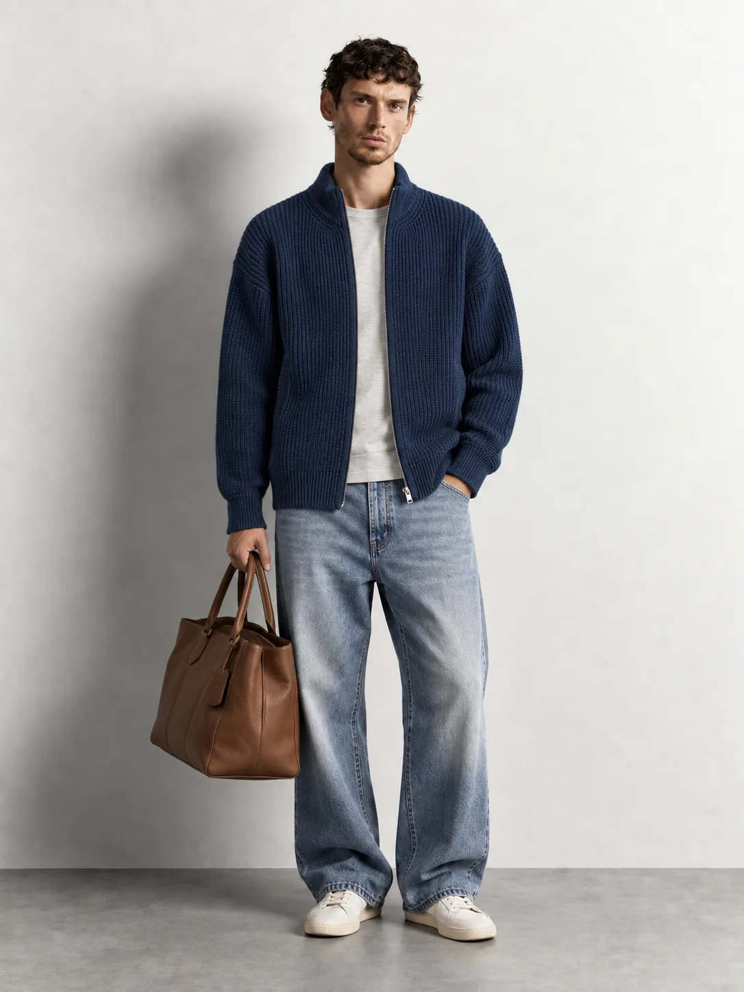 Ribbed Full-zip Knit Cardigan — worn, front