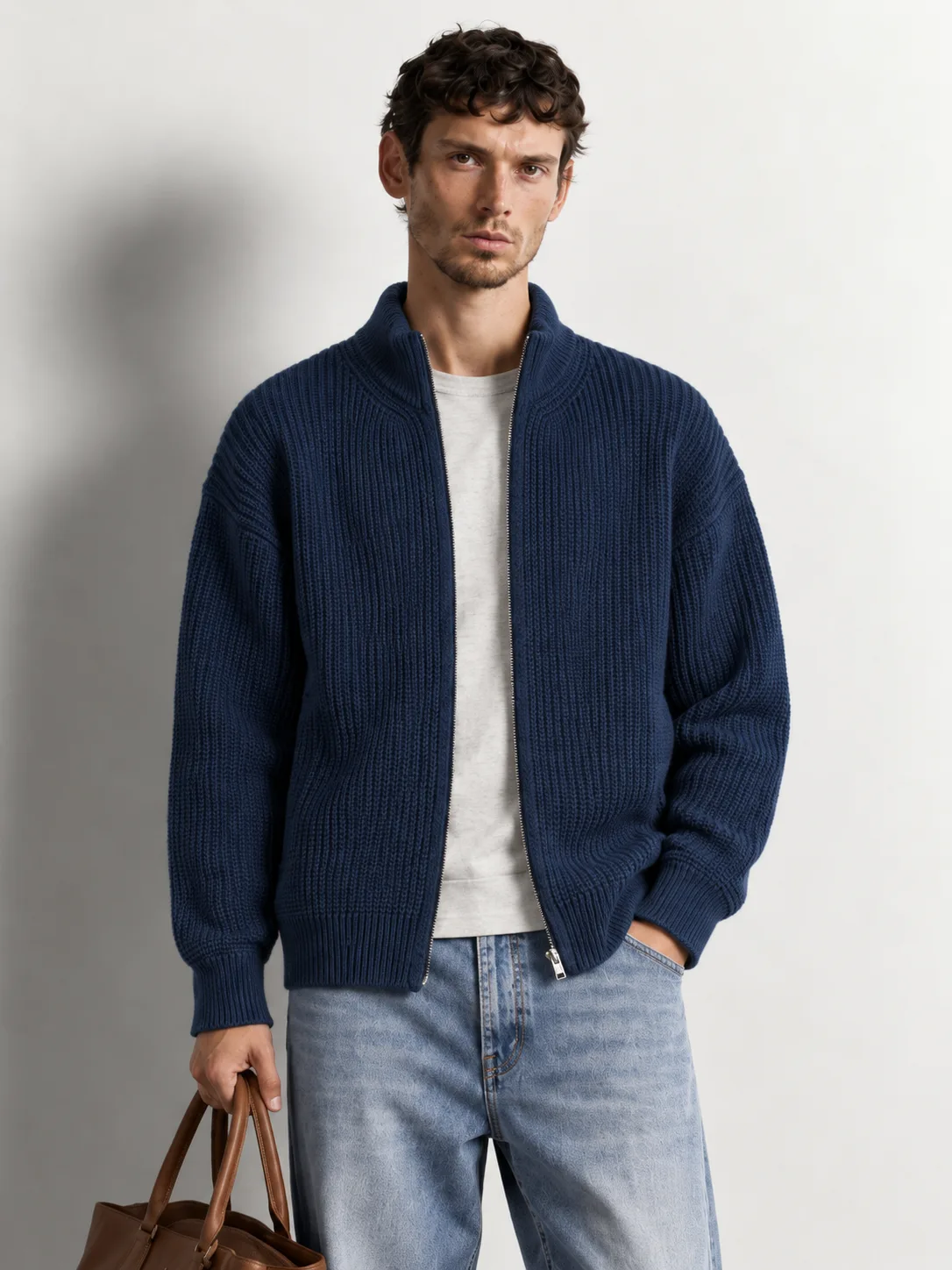 Ribbed Full-zip Knit Cardigan — worn, close-up