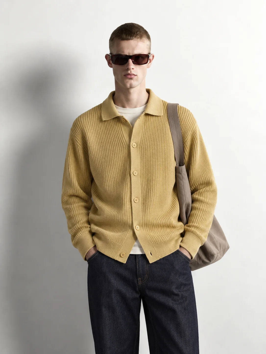 Ribbed Polo Cardigan — worn, front