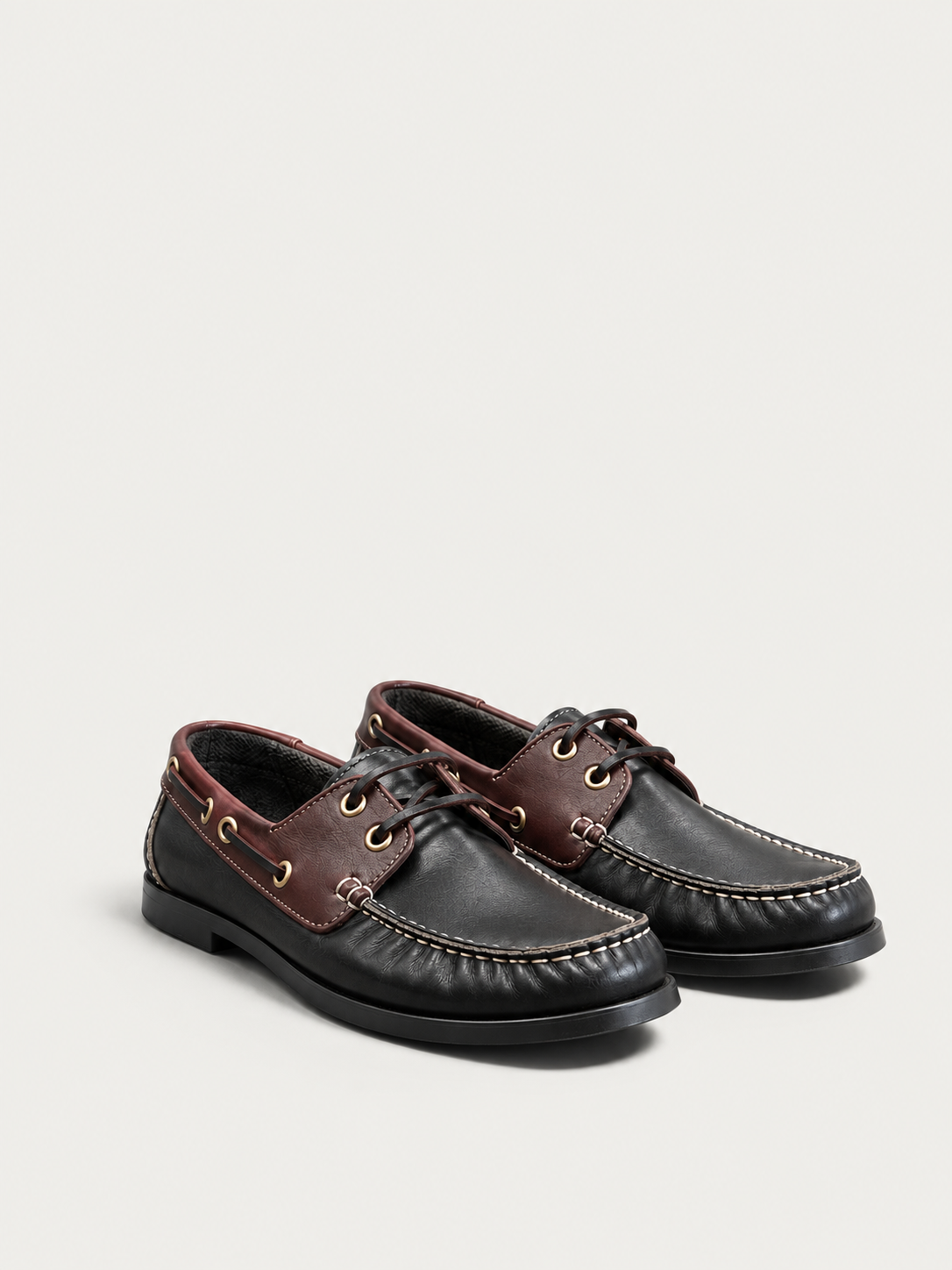 Two-Tone Leather Boat Shoes — worn, front