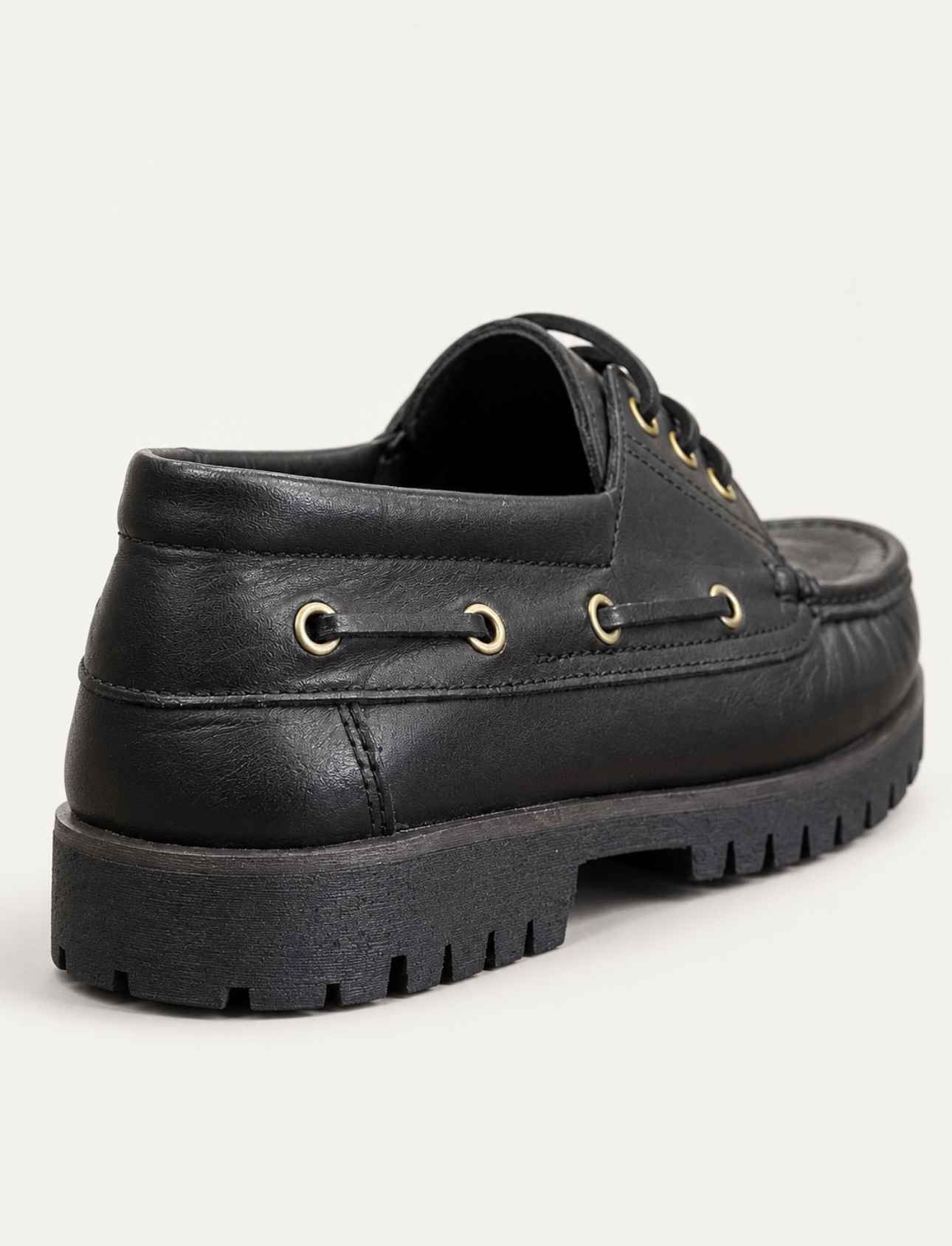 Black Leather Lug Sole Boat Shoes — detail
