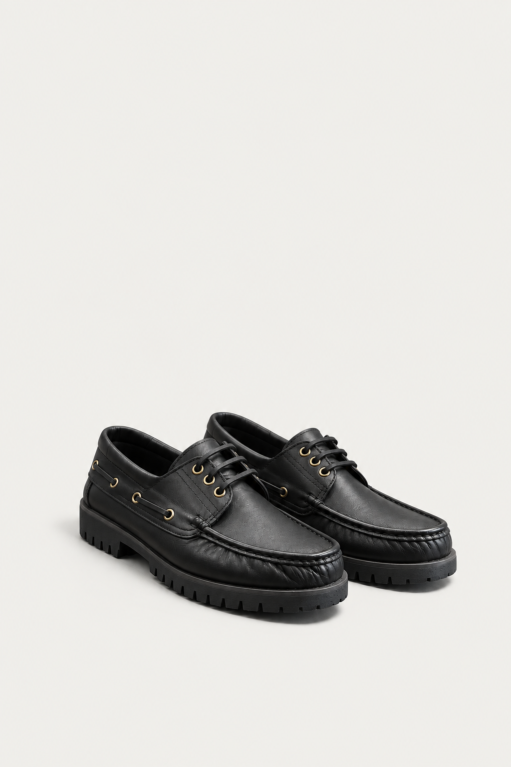Black Leather Lug Sole Boat Shoes — front view