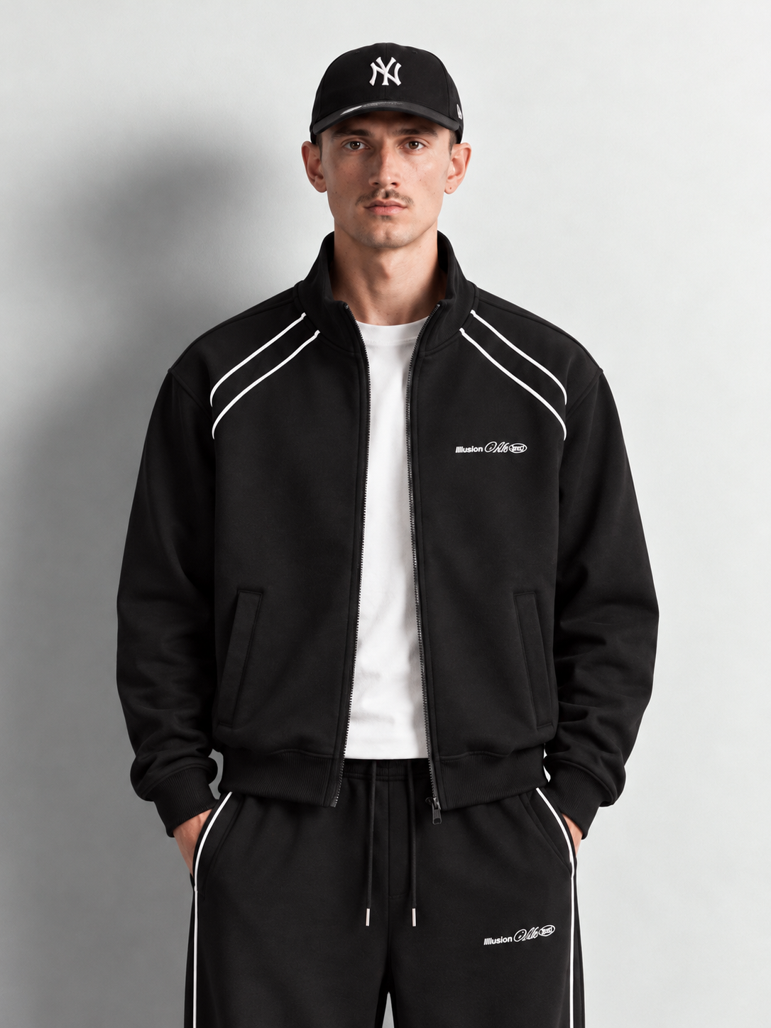 Contrast Piping Zip Up Track Jacket — worn, front
