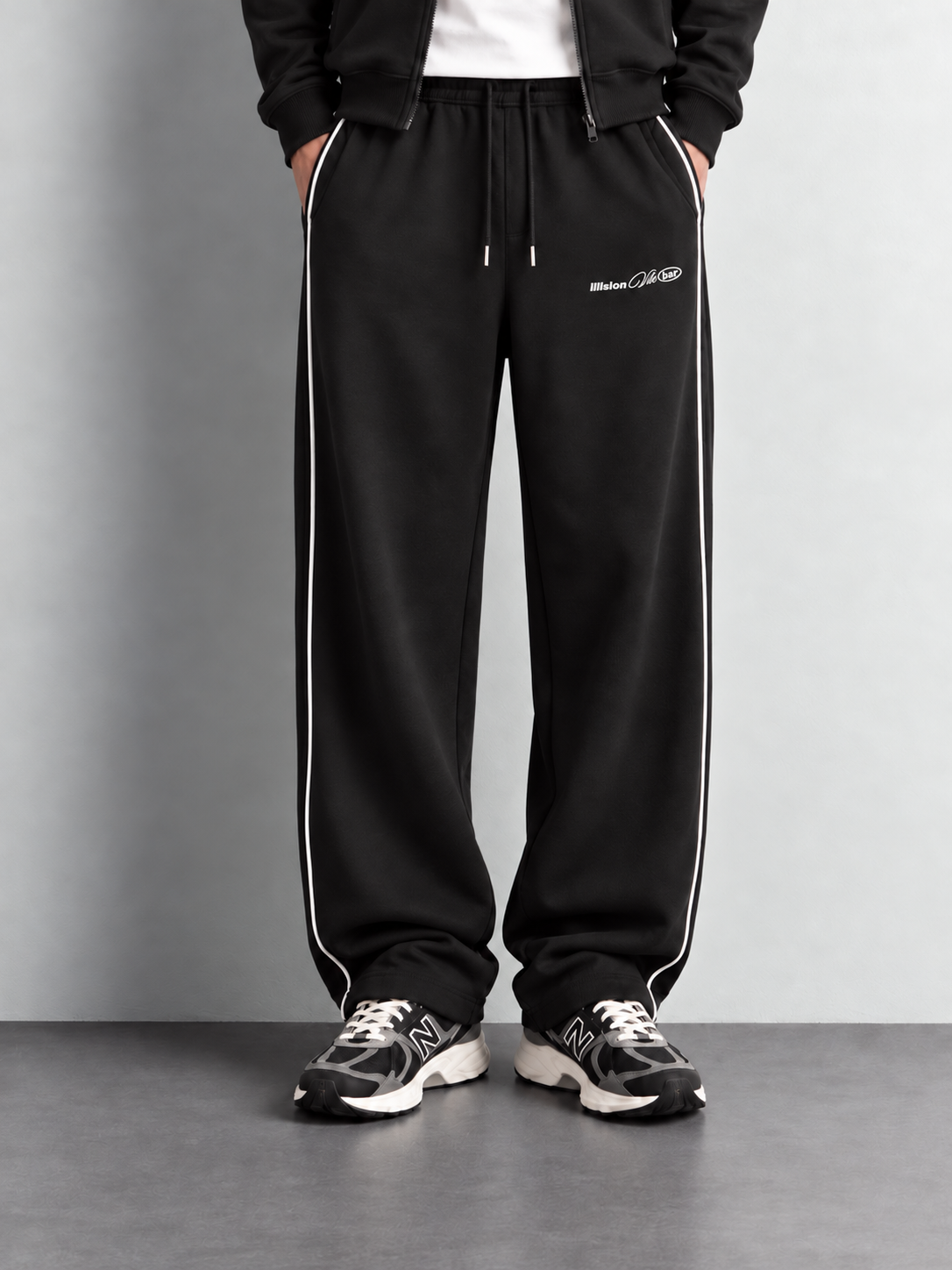 Contrast Piping Wide-Leg Track Pants — worn, close-up