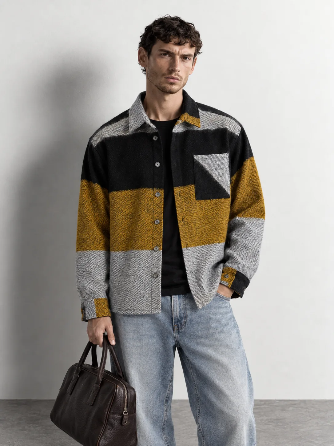 Bold Colour Block Overshirt — worn, close-up