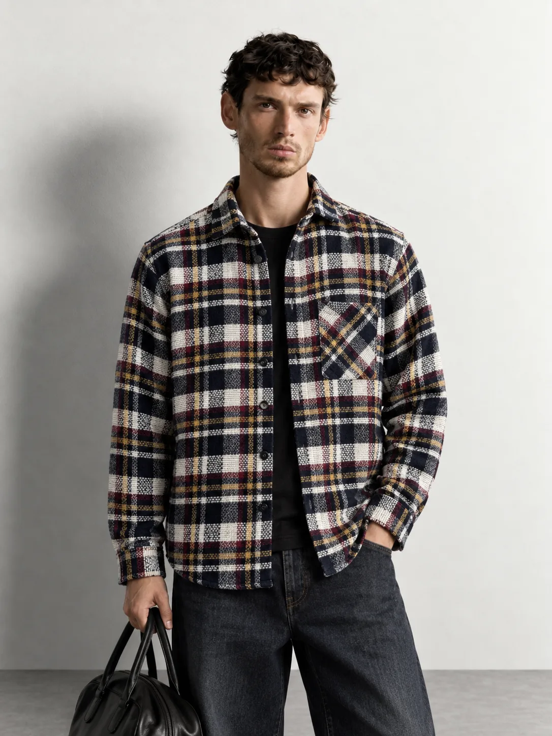 Heritage Tartan Overshirt — worn, close-up